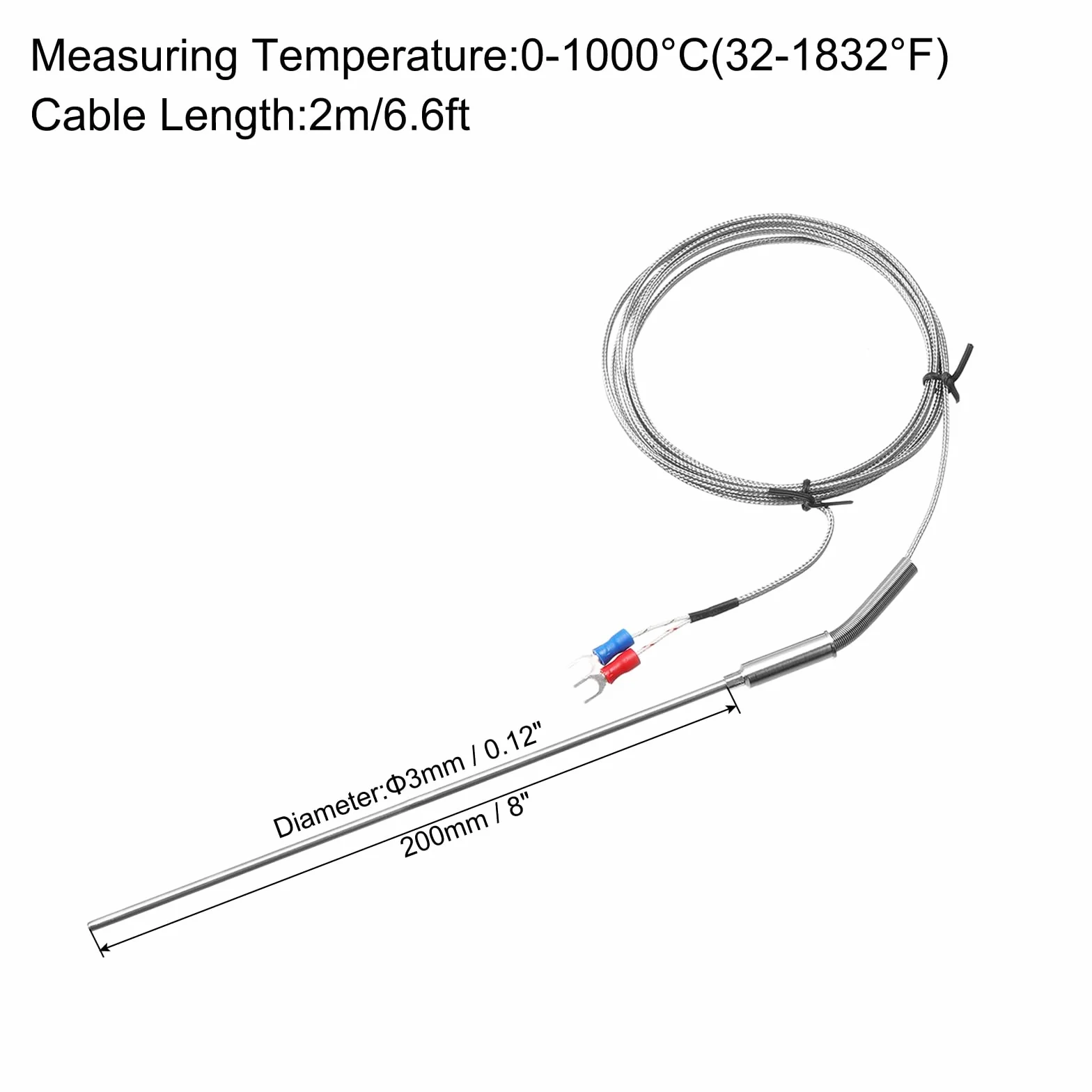 QUARKZMAN Typ K termoelement sonda sonda 3 x 200 mm drut 0 do 1000°C (32 do 1832°F) stal szlachetna