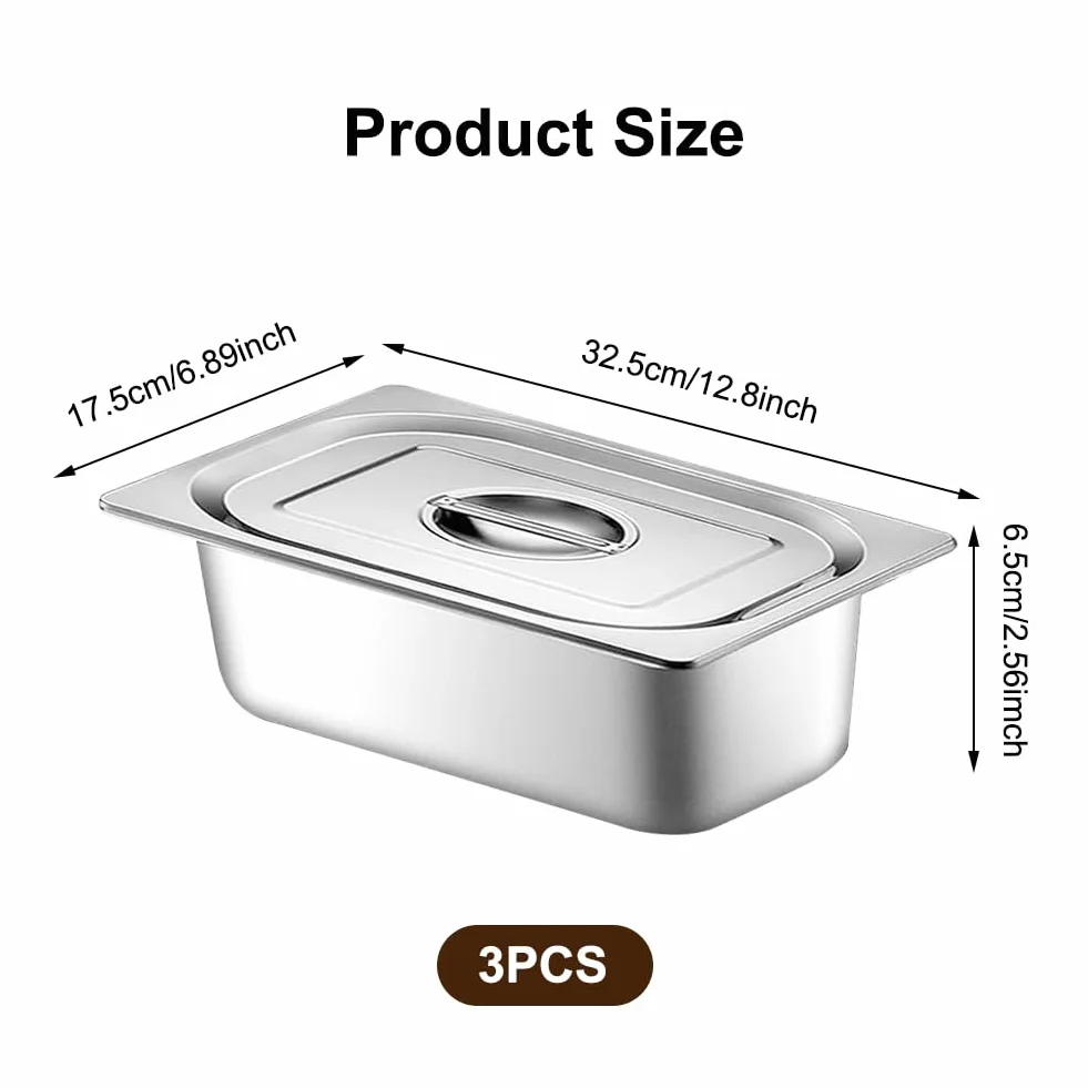 3-częściowy zestaw misek do panierowania ze stali nierdzewnej z pokrywką, pojemnik GN 1/3, 32,5 x 17,5 x 6,5 cm, prostokątny, metalowy pojemnik gastronomiczny na kotlety, mięso, ryby, panierkę