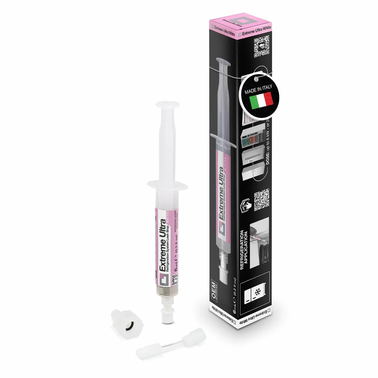ERRECOM Extreme Ultra White - 6 mL, ogranicznik przecieku czynnika chłodniczego do lodówek ze sprężarką hermetyczną i adapterem R600 - R290 — R134a, 1/4 SAE w zestawie