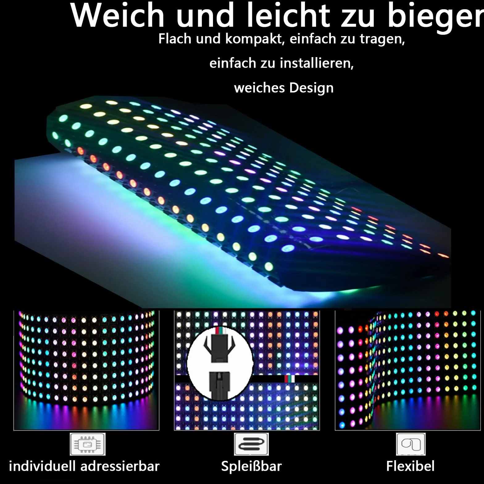 GERUI WS2812 RGB 16 x 16 panel LED ECO 256 pikseli LEDMatrix elastyczny moduł 5050SMD IC, sterowanie obrazami wideo, wyświetlanie tekstu, jednobarwne funkcje adresowalne, z DC5V, kompatybilny z
