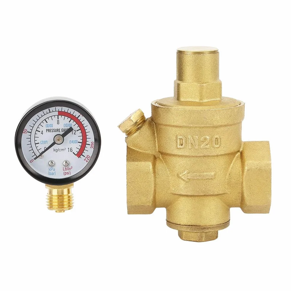 Zawór zmniejszający ciśnienie, DN20 3/4" mosiężny zawór zmniejszający ciśnienie wody 3/4" regulowany regulator ciśnienia wody gwint zaworu z miernikiem manometru