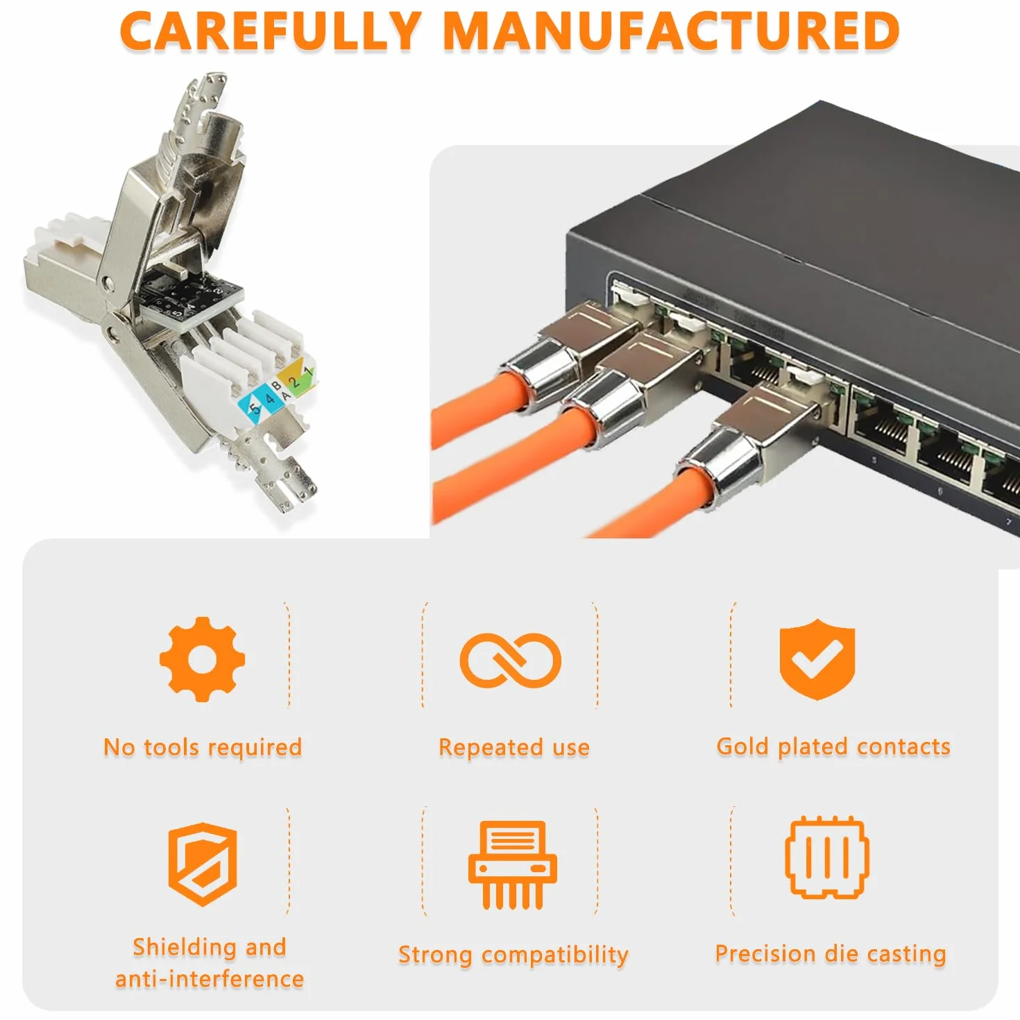 RJ45 wtyczka sieciowa CAT7 LSA ekranowana, 10 Gbps, pozłacana, Gigabit Connector beznarzędziowa do kabli instalacyjnych CAT7 CAT6a (4 sztuki)