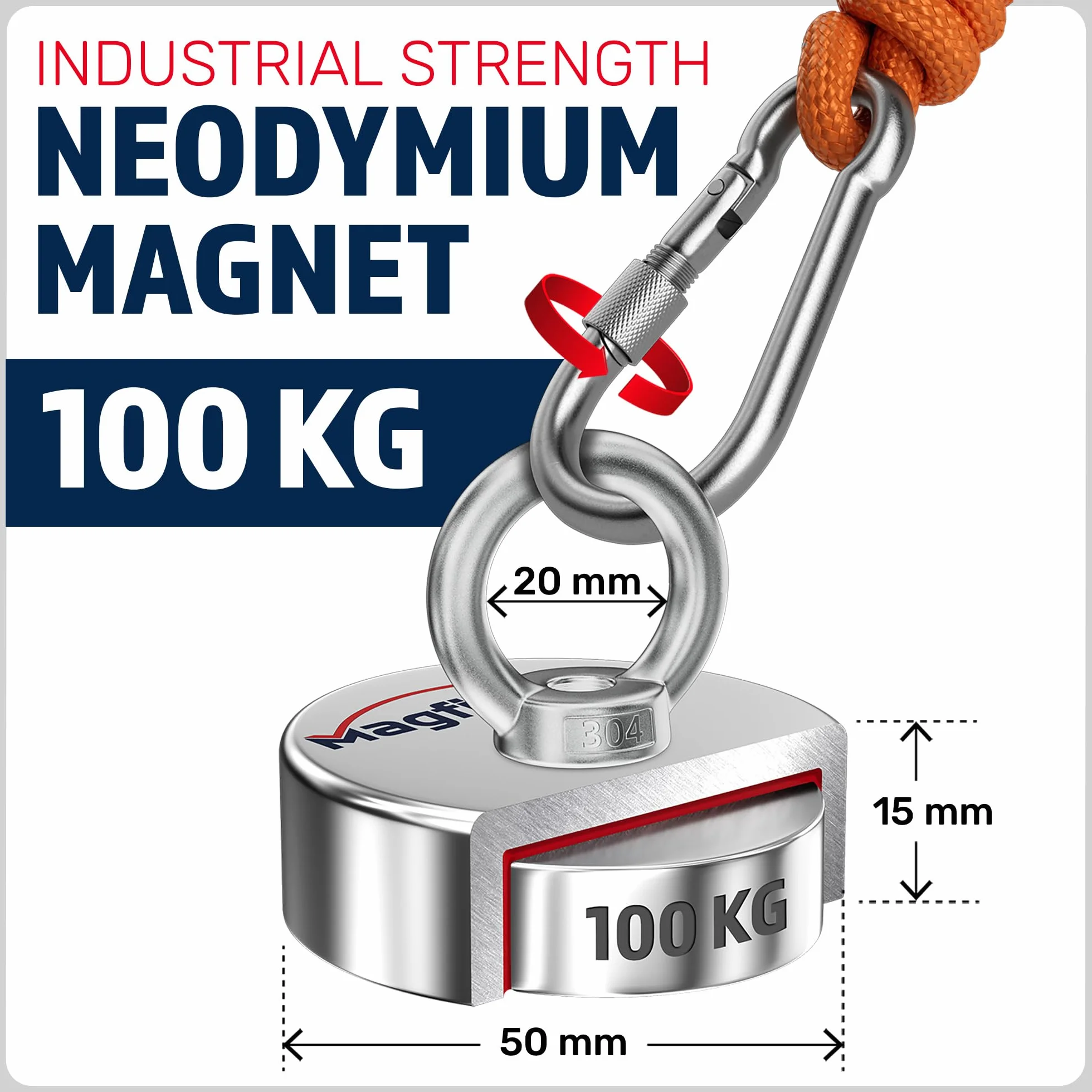 Magfishion - Mocny magnes neodymowy - 100 kg - Magnes wędkarski - Ø 50 mm - z liną (20 m) i rękawicami - Magnetyczny zestaw wędkarski - magnes na oko