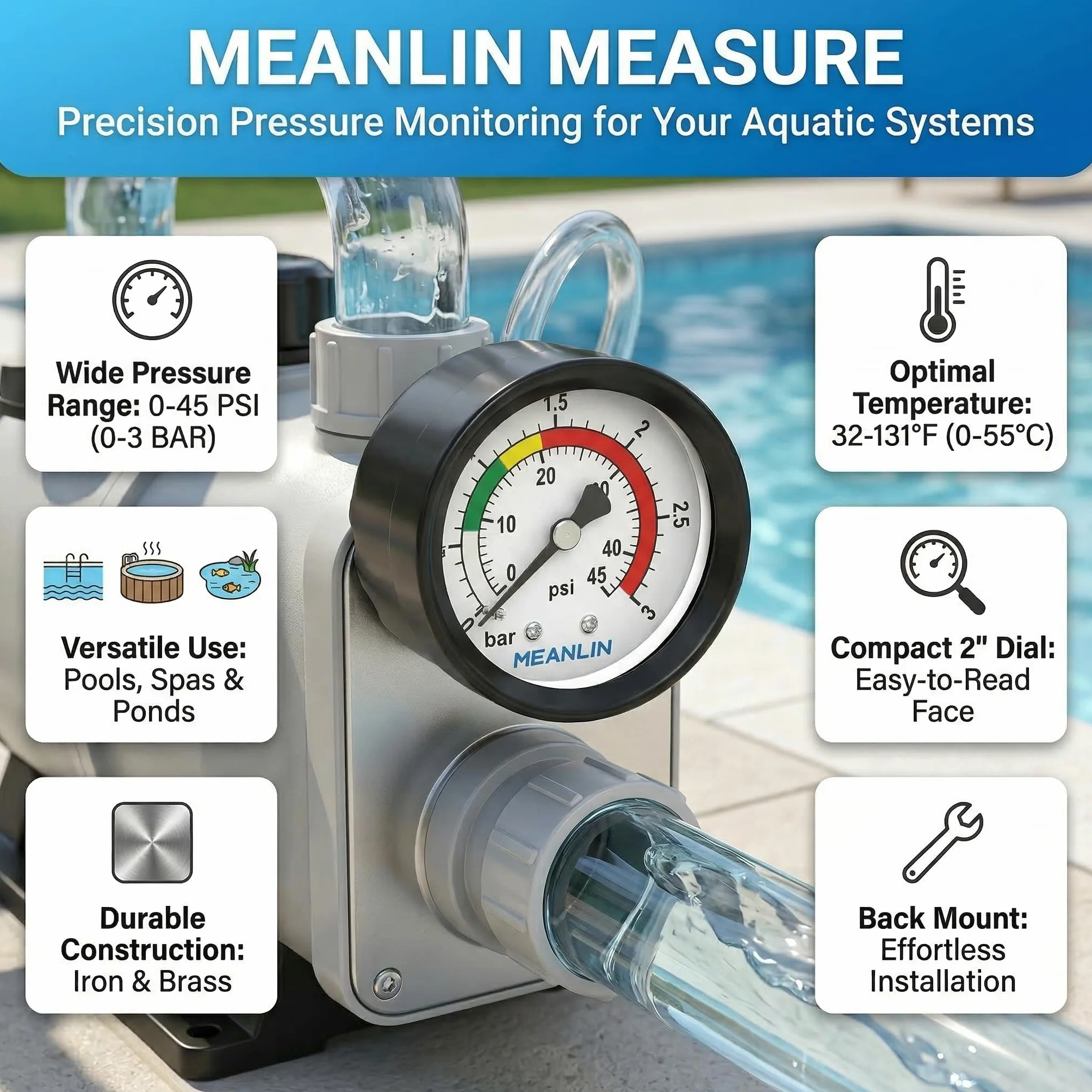 MEANLIN MEASURE 0~3Bar/0~40Psi manometr basenowy, 1/4"BSP 2" FACE DIAL do basenów, spa, stawów wędkarskich, z 1/2" BSP i 3/8" BSP, montaż tylny