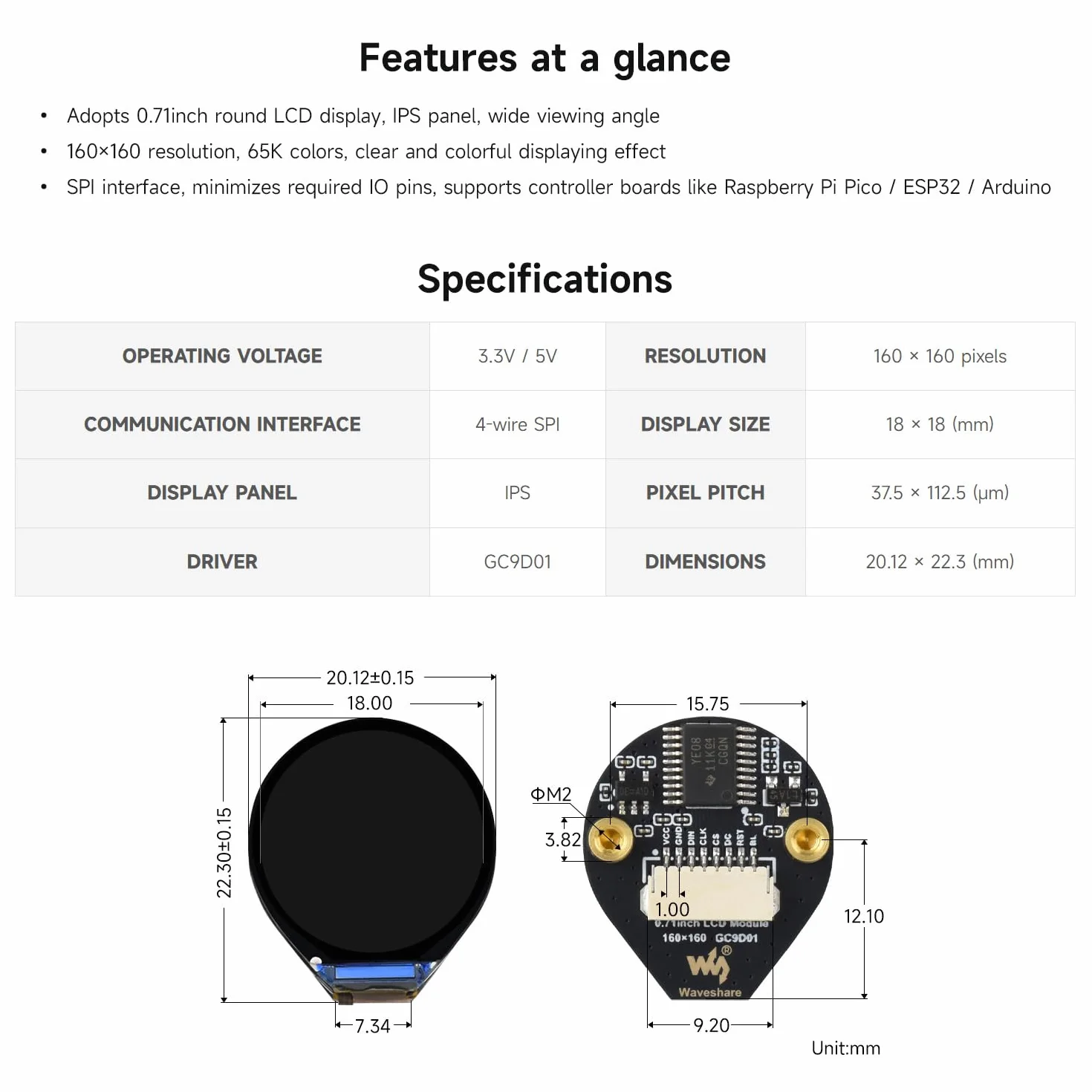 Waveshare 0.71inch Round LCD Display Module 160x160 SPI 65K Colors for Raspberry Pi Pico ESP32