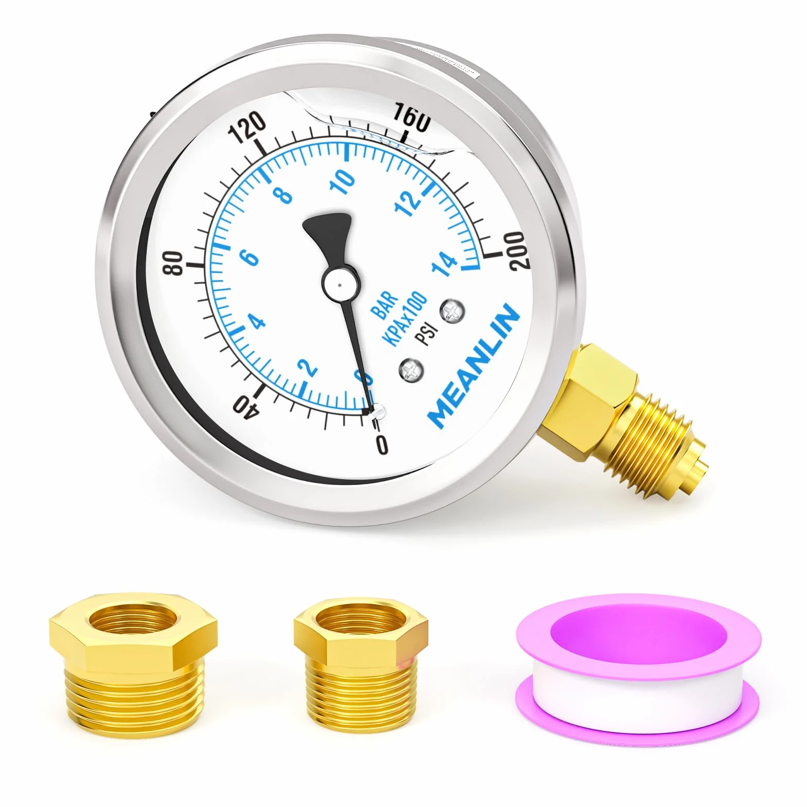 MEANLIN MEASURE manometr napełniony płynem 0-14 BAR 0-200 PSI stal nierdzewna 1/4" BSP 2,5" FACE DIAL
