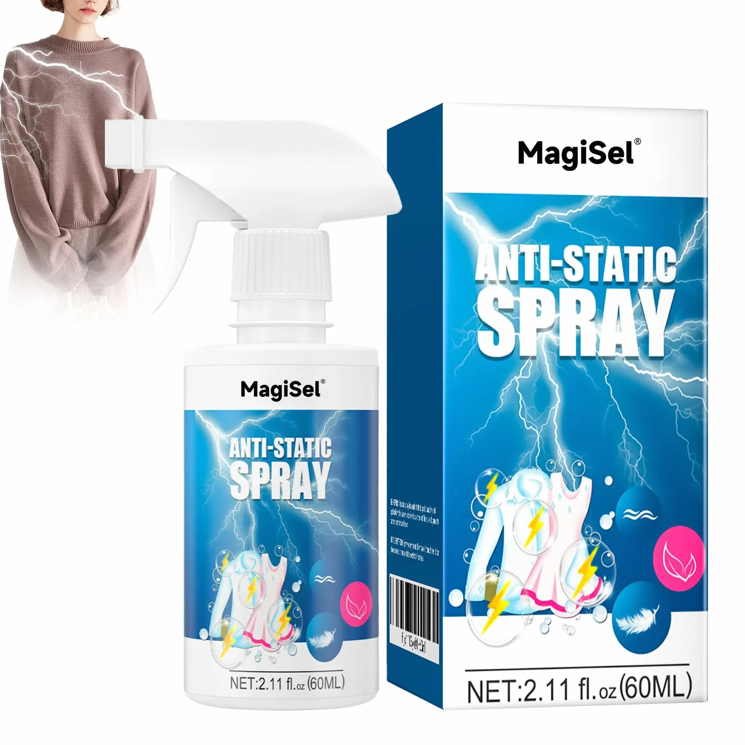 Antystatyczny spray antystatyczny do ubrań i samochodów, do tkanin, ubrań, tkanin i samochodów, szybki efekt antystatyczny, 60 ml