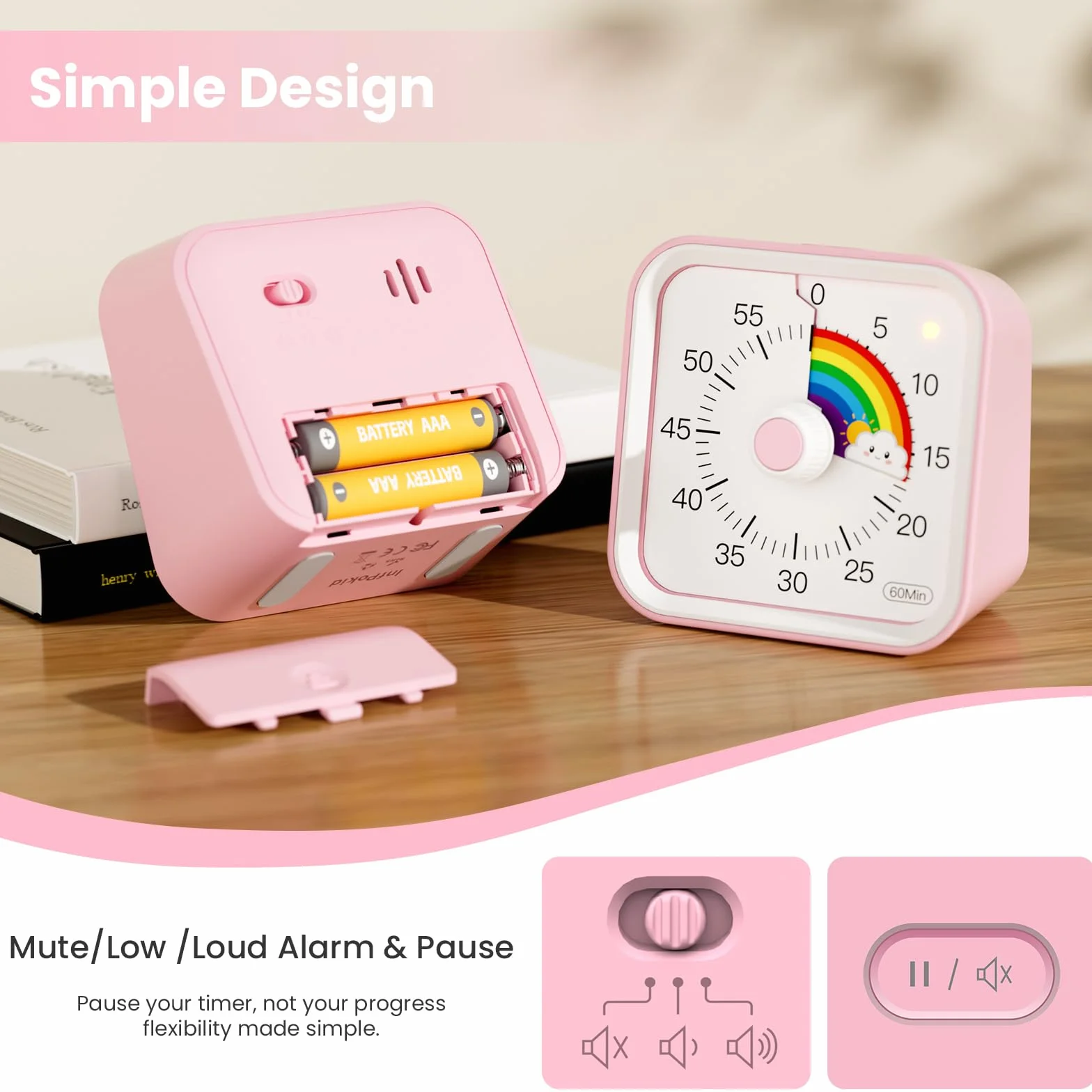 Wizualny timer dla dzieci z funkcją pauzy, uroczy cichy timer z tęczą do klasy, nauczania, zadań, kuchni, zarządzanie czasem odliczania 60 minut do ADHD (tęczowy róż)
