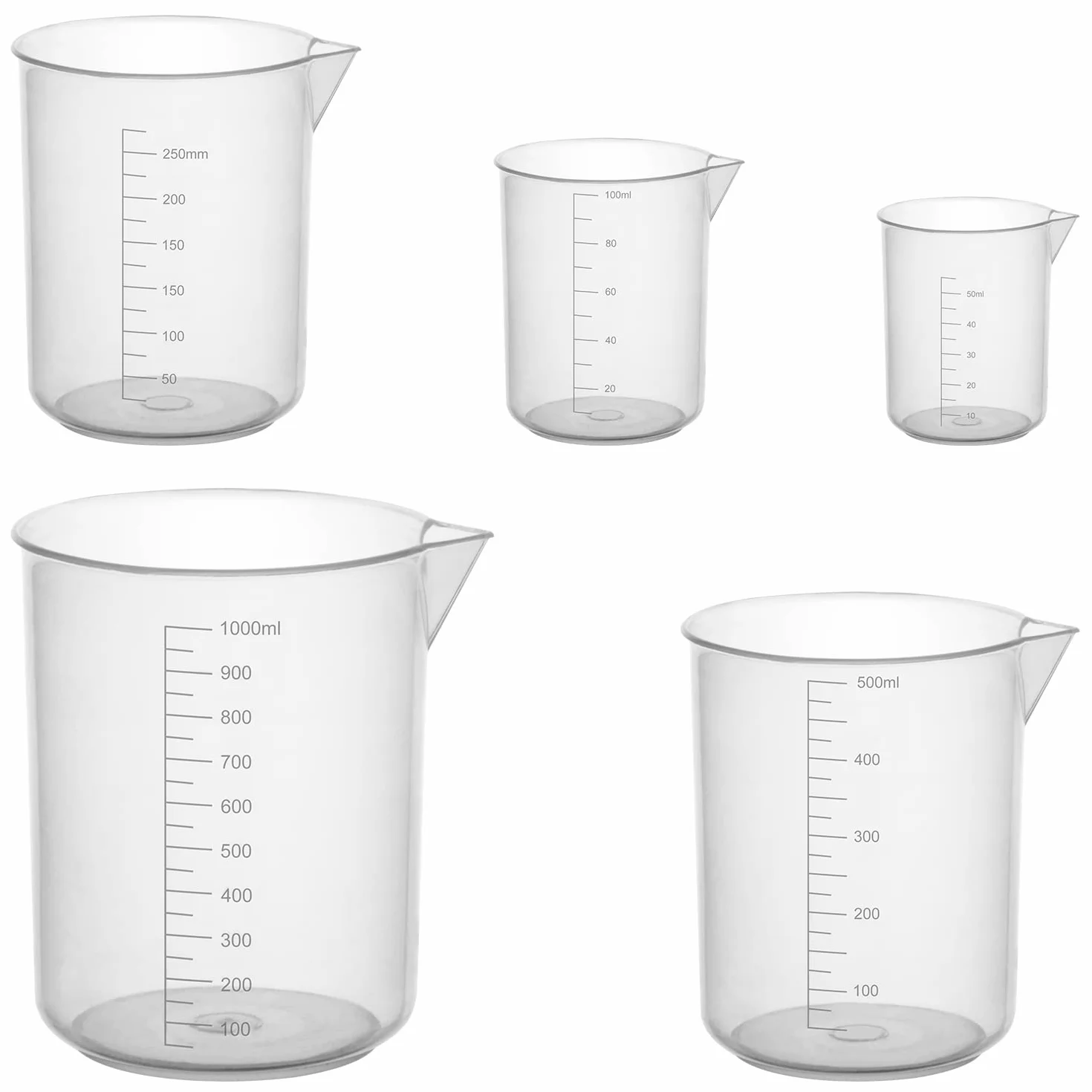 stonylab Zestaw Plastikowy Zlewek, Clear Plastikowa Podziałką Zlewka z Wylewką Zestaw Zlewek Pomiarowych Płyn Pojemnik w 5 Rozmiary, 50 ml / 100 ml / 250 ml / 500 ml / 1000 ml (1 L), Opakowanie Combo