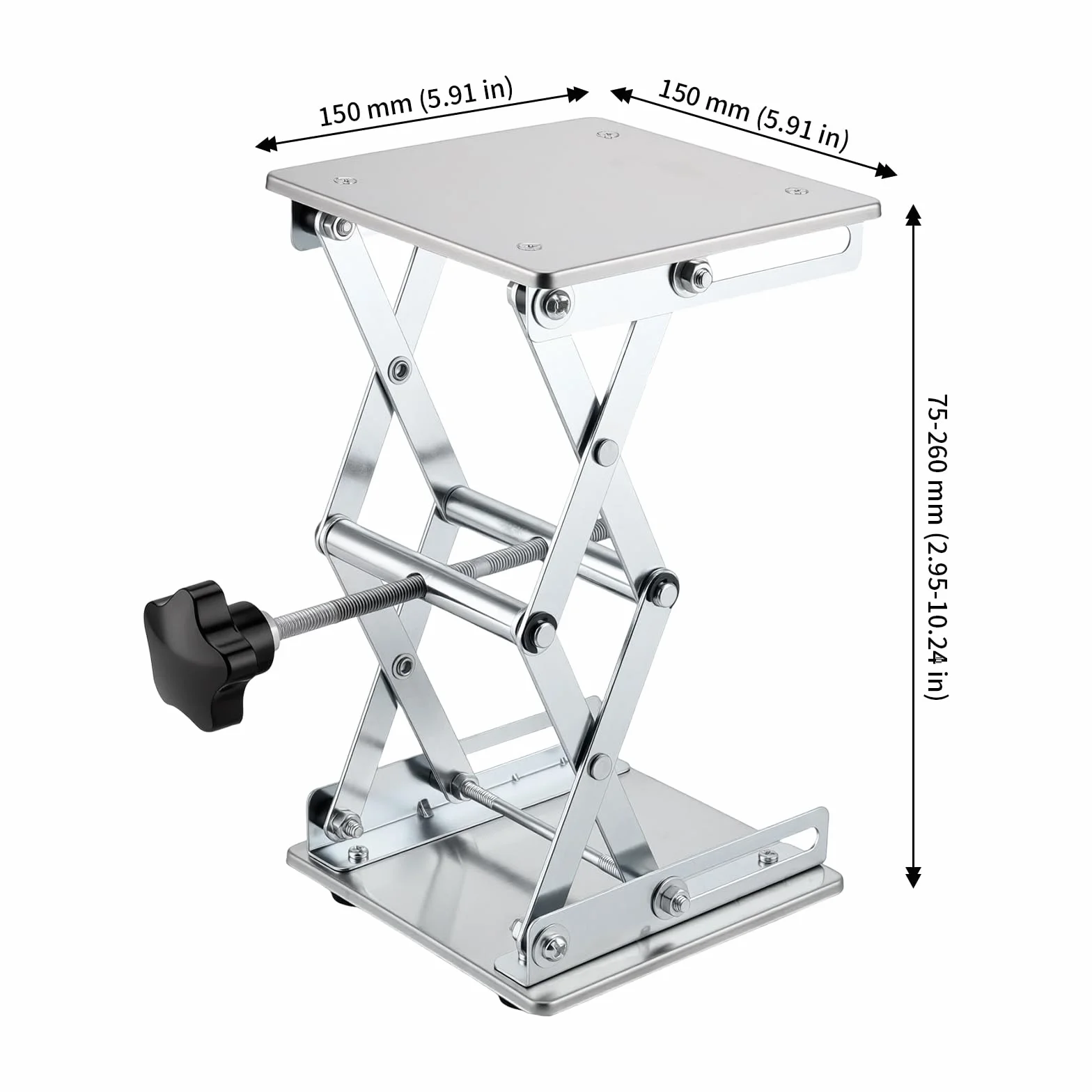 Podnośnik laboratoryjny, 150 x 150 x 260 mm, stal nierdzewna, stół laboratoryjny, podnośnik nożycowy, platforma podnosząca do eksperymentów