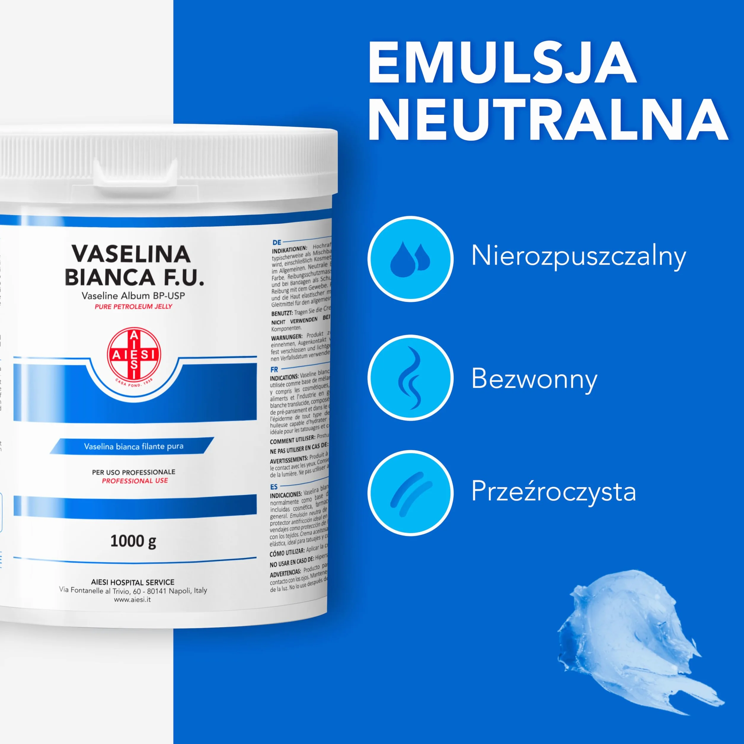 AIESI Czysta biała wirująca wazelina F.U. Słoik 1 kg do użytku medycznego dermatologicznego