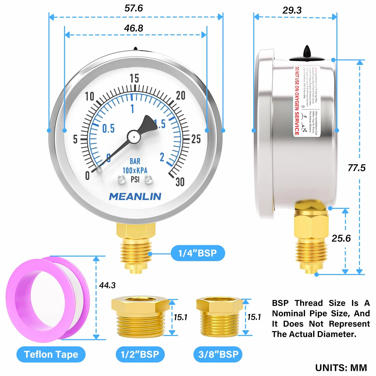 MEANLIN MEASURE 0 ~ 2 bar/0~30 psi, suchy manometr, stal nierdzewna, 1/4" BSP 2" FACE DIAL wodoszczelny do fontanny, wody, opon, tester ciśnienia wody, dolny uchwyt, z 1/2" BSP i gniazdem