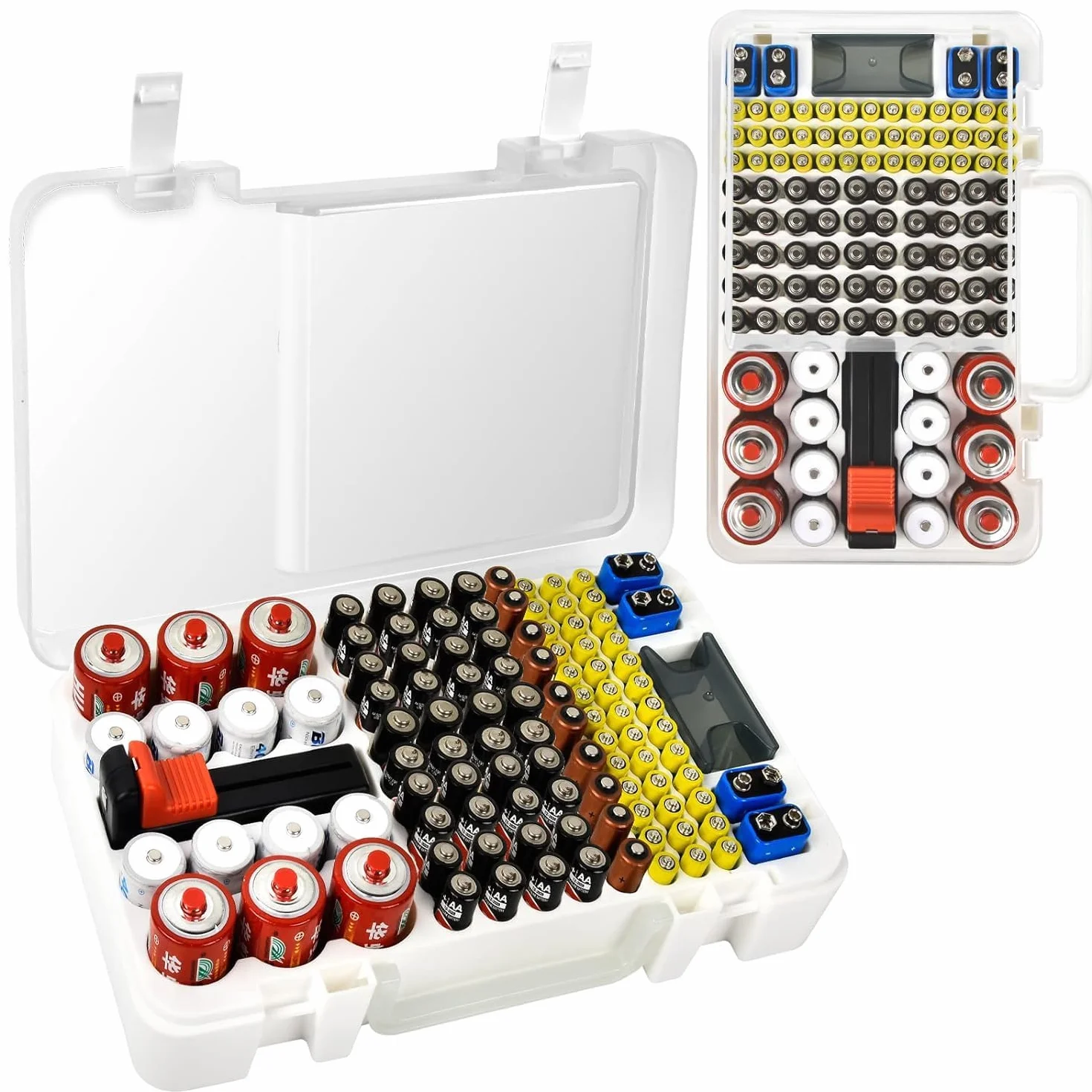 Pudełko do przechowywania baterii, pojemnik na baterie, organizer na baterie litowe 120+ AA AAA 9V C D, pudełko do przechowywania baterii, skrzynka na baterie z konstrukcją ścienną (baterie nie