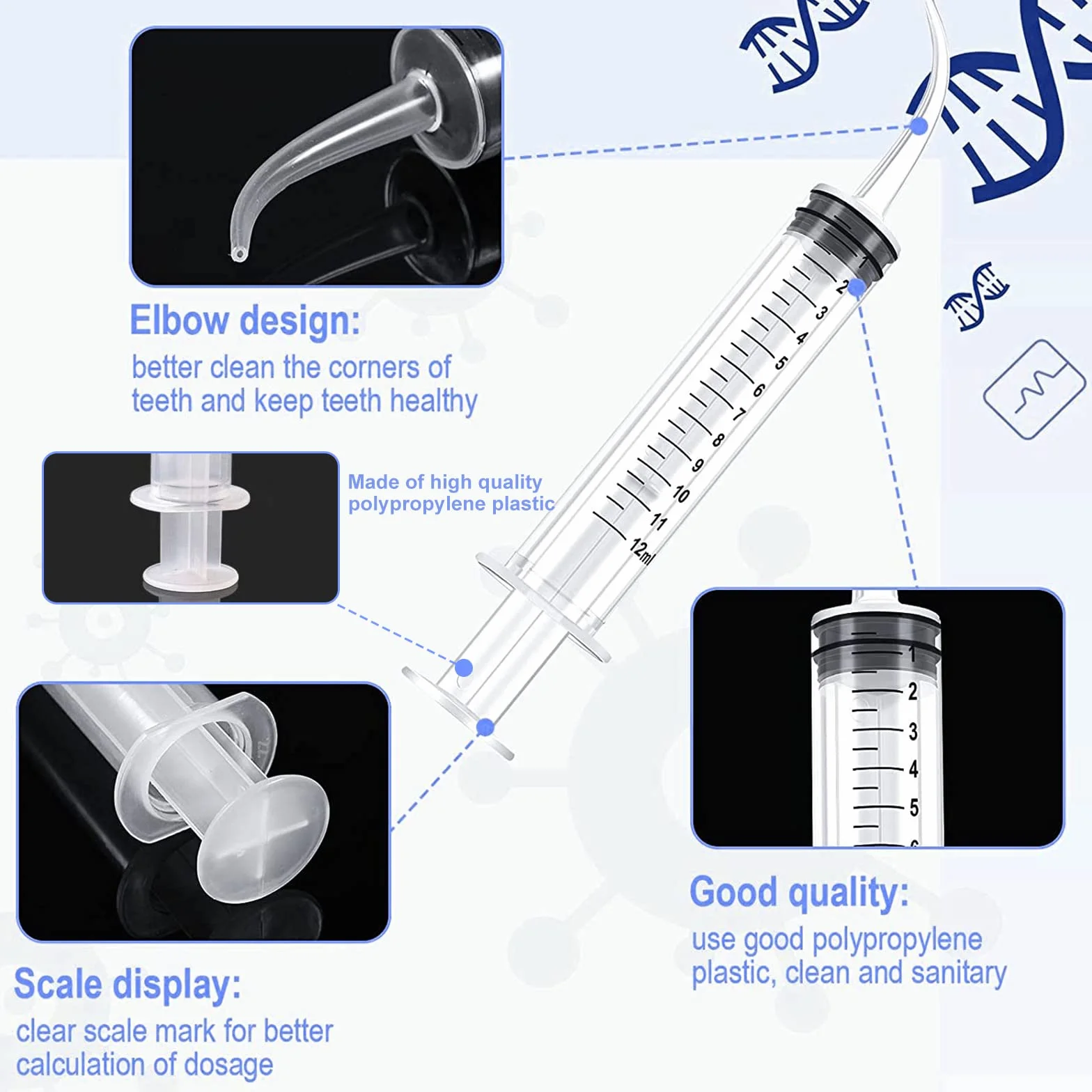 15 sztuk Dental Syringe, jednorazowa strzykawka do płukania zębów 12 ml z zakrzywioną końcówką do pielęgnacji zębów, pielęgnacji zwierząt domowych, wypełniania klejem, laboratorium