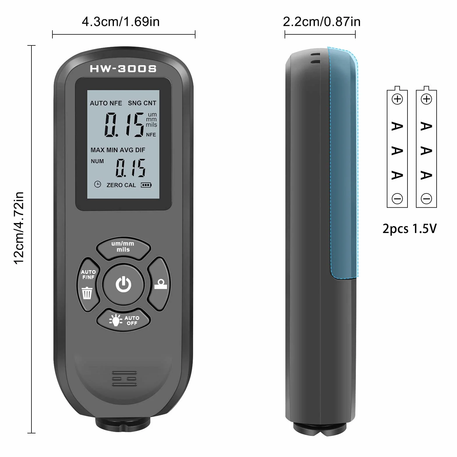 Miernik Grubości Lakieru 0-1500 μm Miernik Grubości Lakieru z Wyświetlaczem LCD i Cyfrowym Odczytem w Trzech Jednostkach μm/mm/mils do Pomiaru Grubości Powłok Nieprzewodzących
