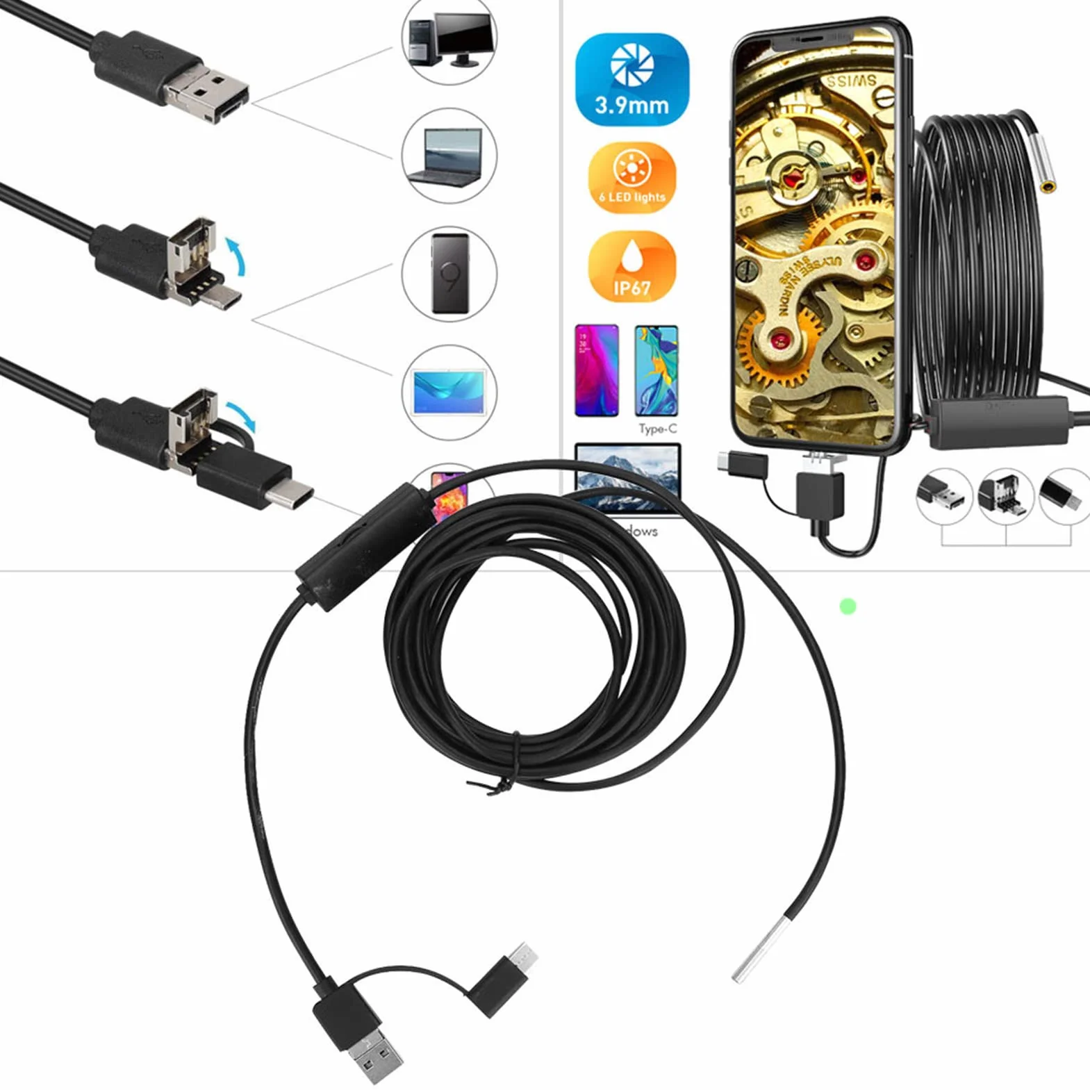 Endoskop Wodoodporny 3,9 mm Kamera HD 6 LED Typ C 5m