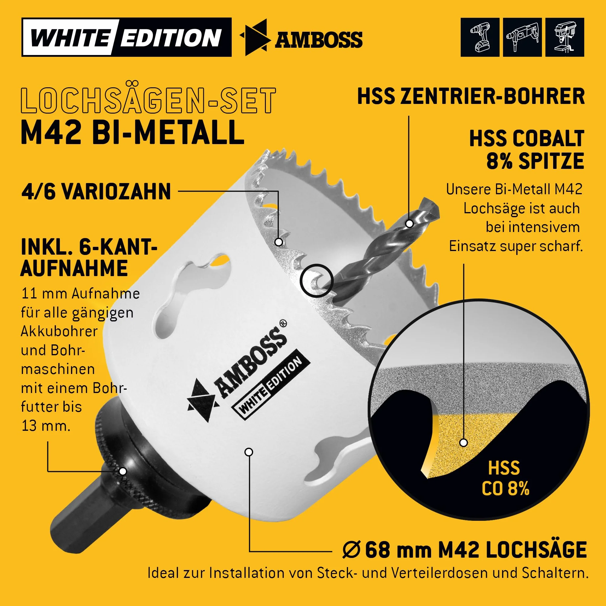 Otwornica 68 mm bi-metalowa kowadło standardowy uchwyt 6 kart