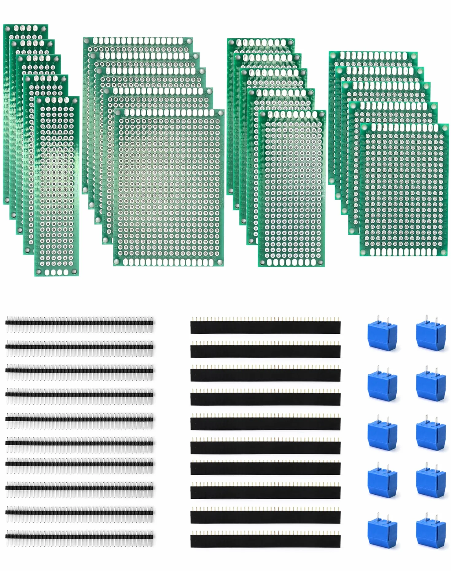 QWORK® 50 szt. Zestawy płytek drukowanych, 20 szt. Płytka uniwersalna PCB + 10 szt. 2-pinowy zacisk śrubowy + 20 szt. Złącze męskie/żeńskie do lutowania DIY