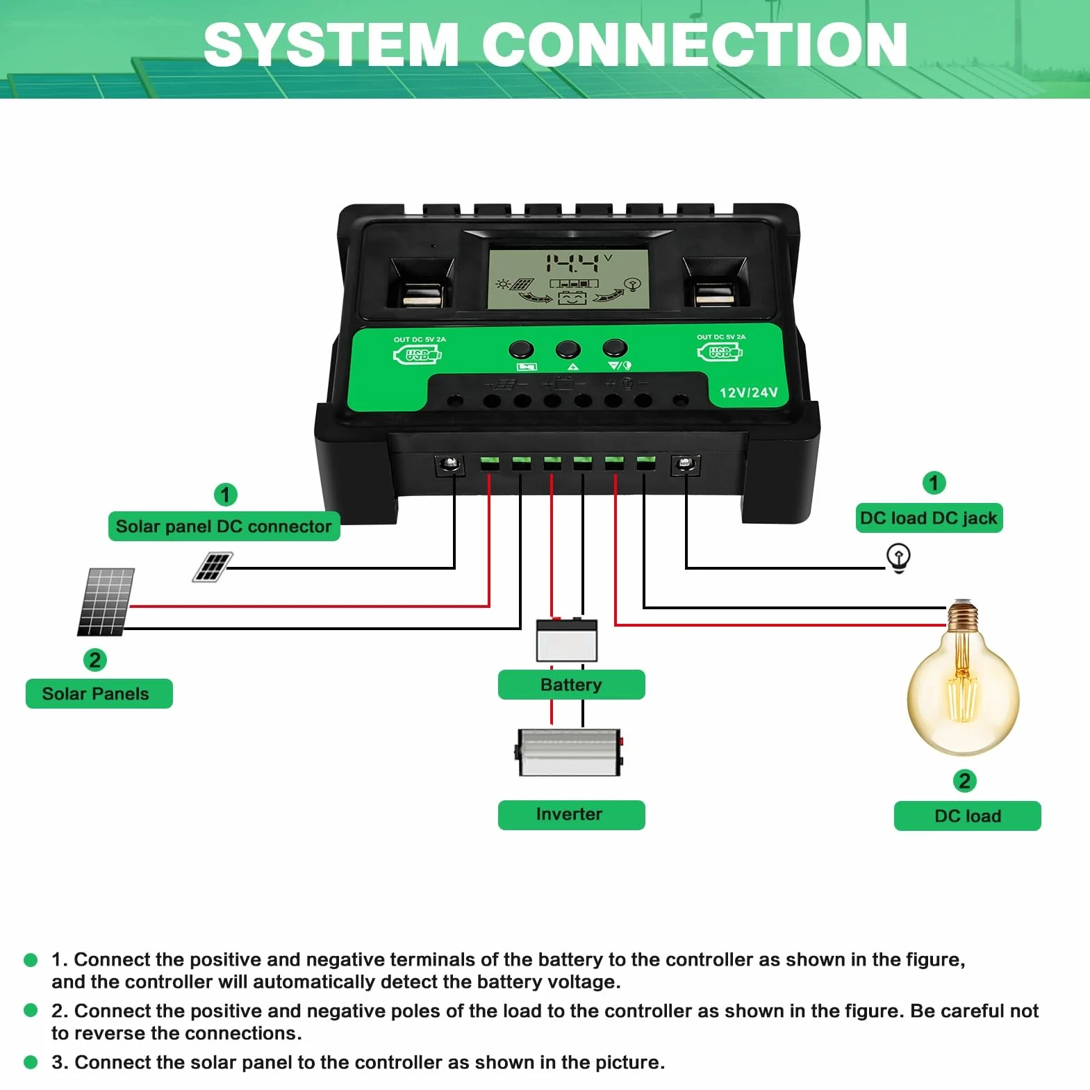 BuyWeek Solarny Regulator ładowania 60 A, 12 V/24 V, MPPT, 4 USB, wyświetlaczem LCD