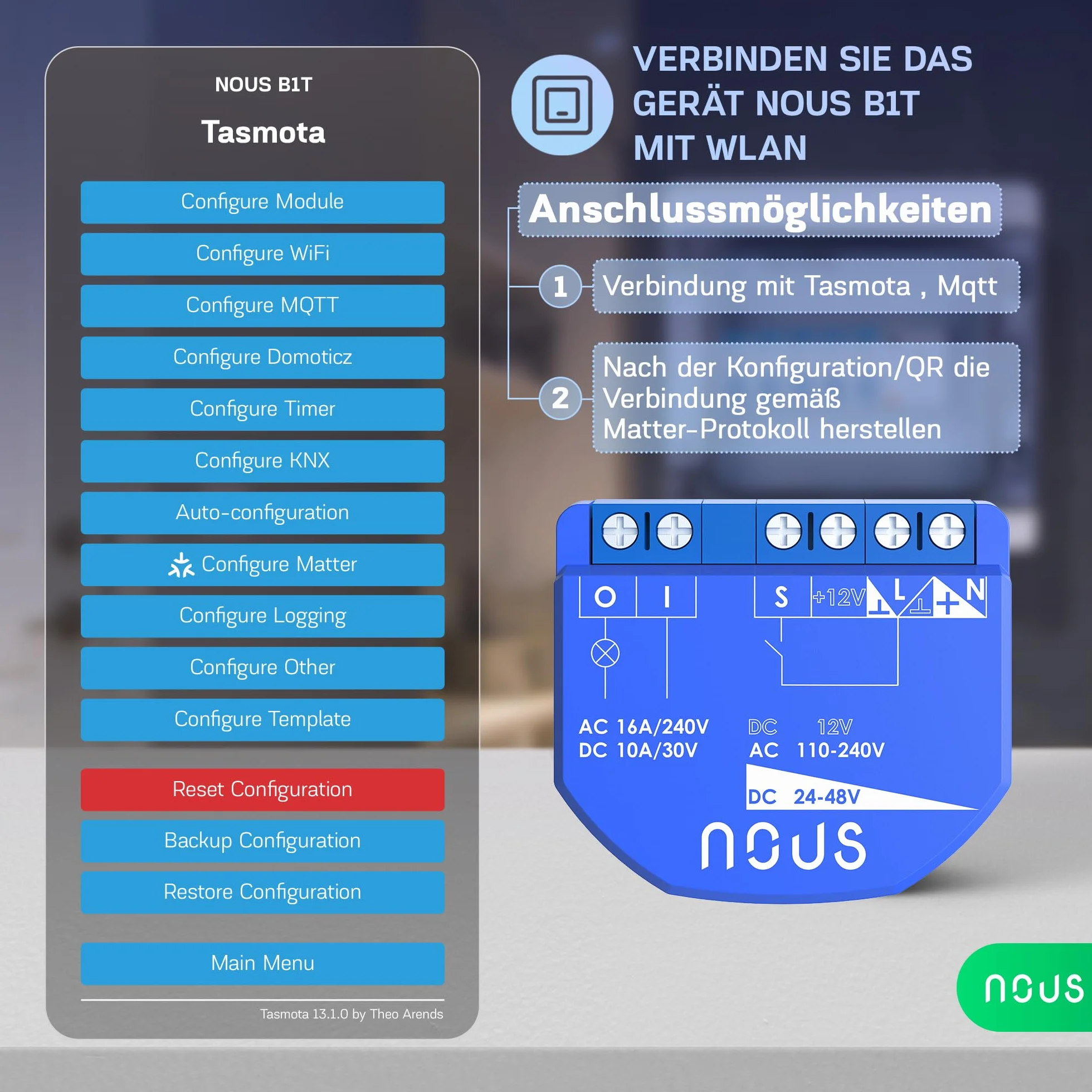 NOUS Moduł WiFi Smart Switch z Tasmota, AC 16A/DC 10A, ESP32, Matter, MQTT, 1 kanał, suche styki