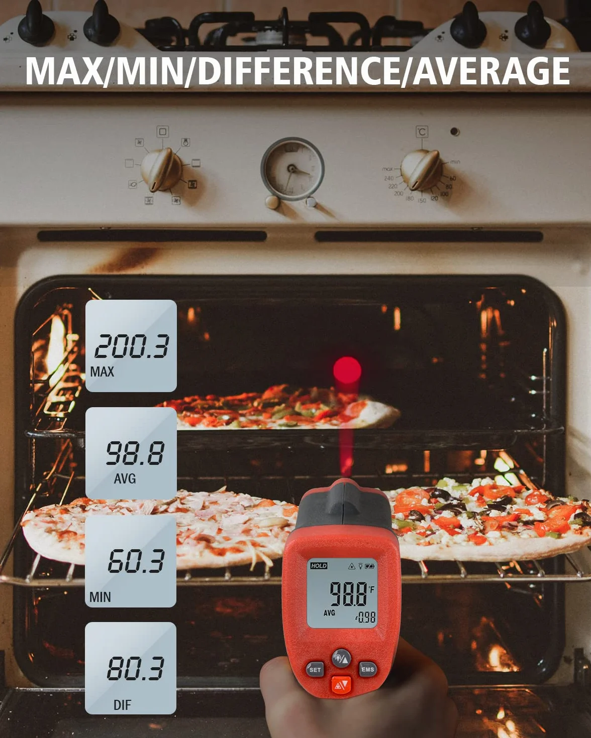 Wintact IRTermometro Igrometro Laser Digitale Superfici -50℃~650℃ con Sonde di Temperatura a Termocoppia di Tipo K per Cucina Frizer