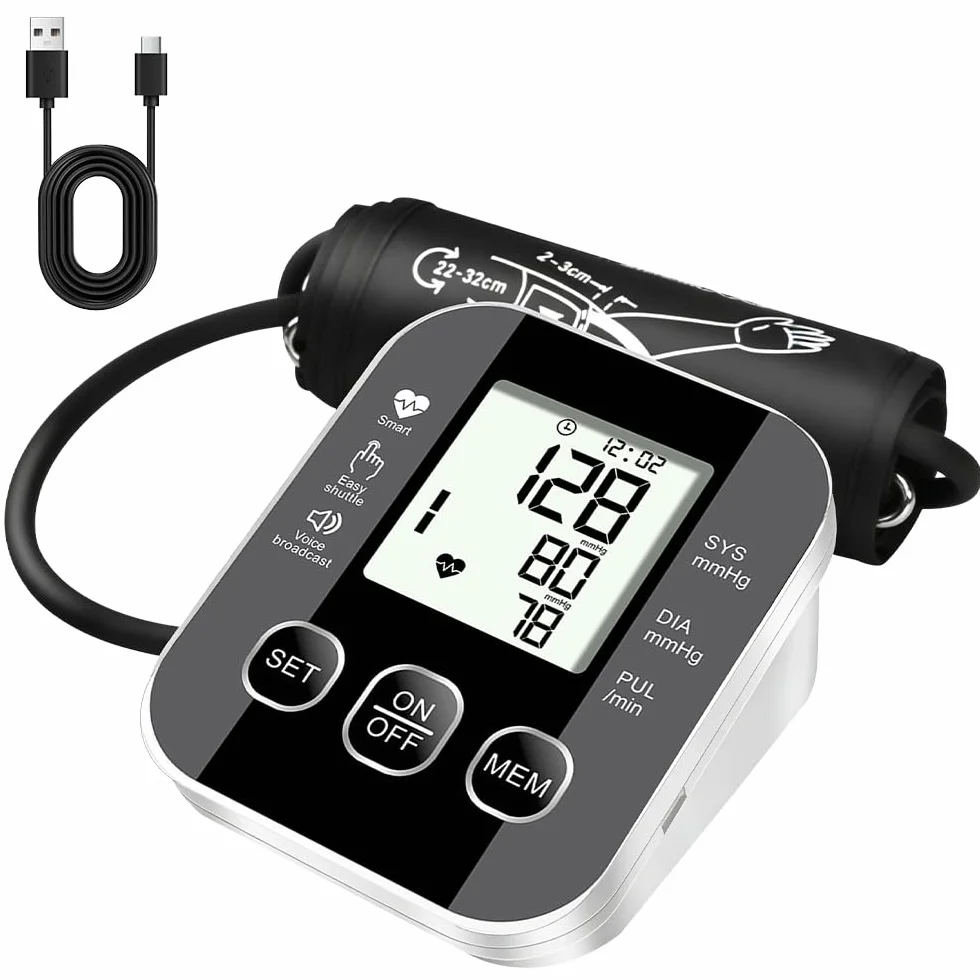 Ciśnieniomierz ramienia z dużym wyświetlaczem LCD, wyjściem głosowym, regulowana opaska 22-32 cm