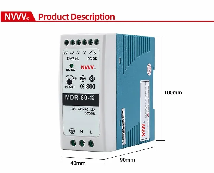 MDR-60-12 AC na DC DIN-Rail szyny montażowe, zasilacz 12 V 5 A 60 W, niebiesko-biały