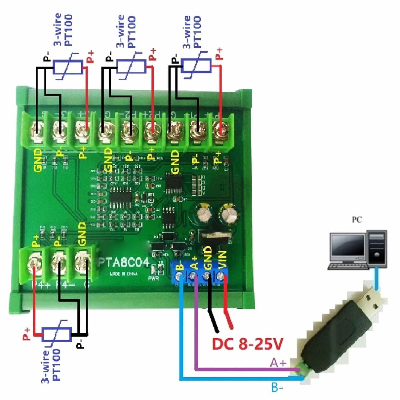 4-kanałowy Moduł Czujnika Temperatury PT100 RTD Modbus RTU z obudową Szyny Prowadzącej DC12V