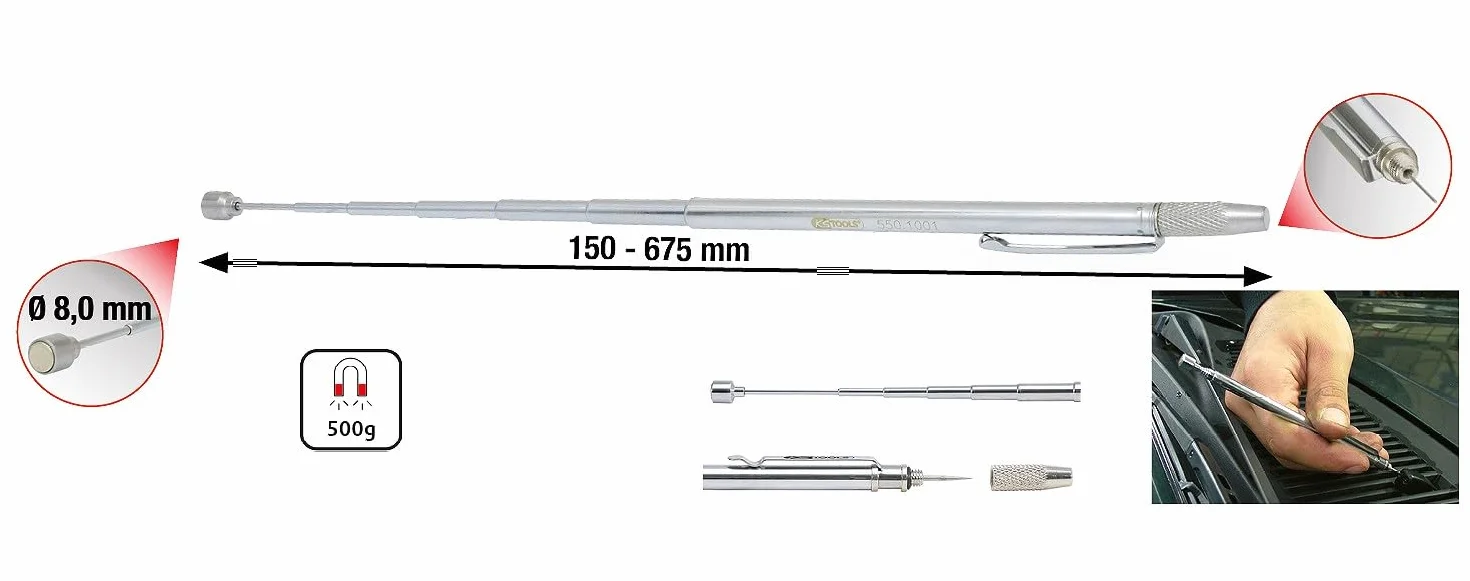 KS Tools 550.1001 2in1 Teleskopowy chwytak magnetyczny z narzędziem do czyszczenia i regulacji dysz spryskiwaczy, 150-675mm