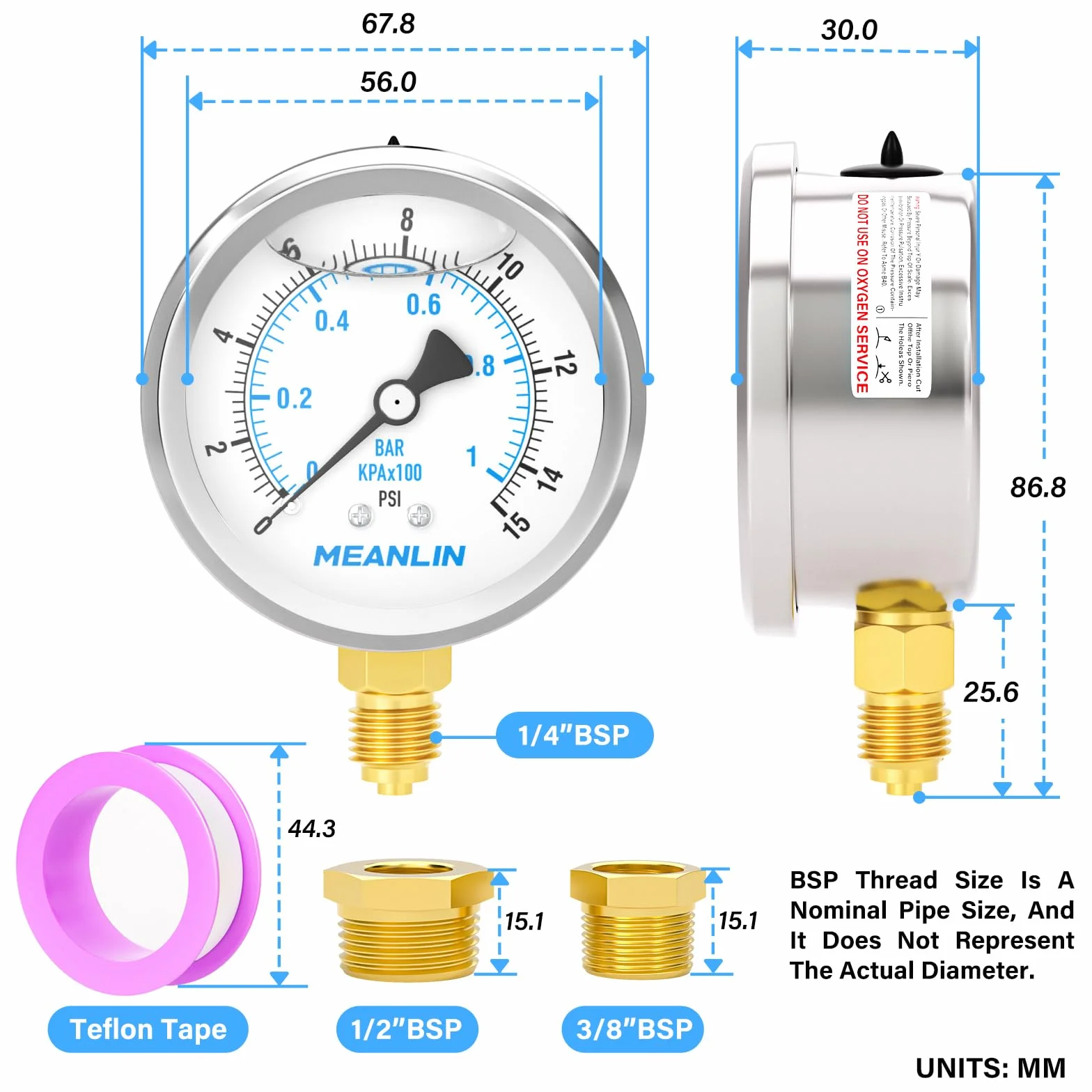 MEANLIN MEASURE 0~1BAR/15PSI Manometr wypełniony cieczą,Stal nierdzewna 1/4" BSP 2.5"DIAL,WOG Woda Olej Powietrza Dolny uchwyt, z 1/4" x 1/2"BSP i 1/4" x 3/8"BSP Piasta sześciokątna