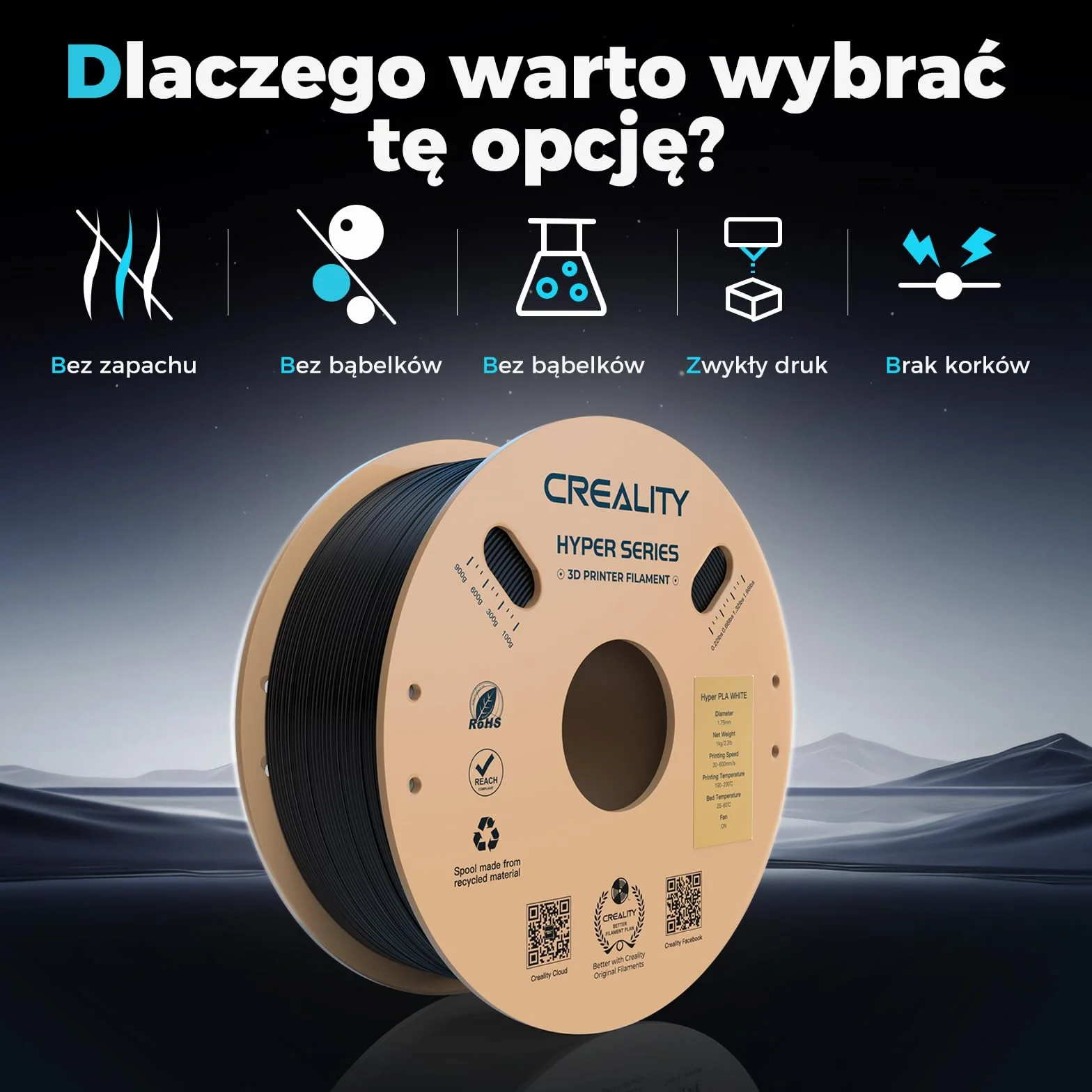 Creality PLA Filament Hyper PLA 1.75mm 1kg Czarny FDM 3D Drukarek