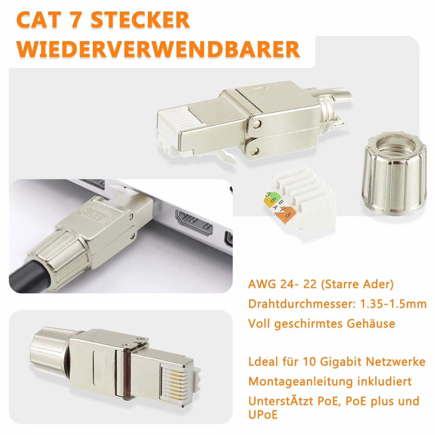 RJ45 wtyczka sieciowa CAT7 LSA ekranowana, 10 Gbps, pozłacana, Gigabit Connector beznarzędziowa do kabli instalacyjnych CAT7 CAT6a (4 sztuki)