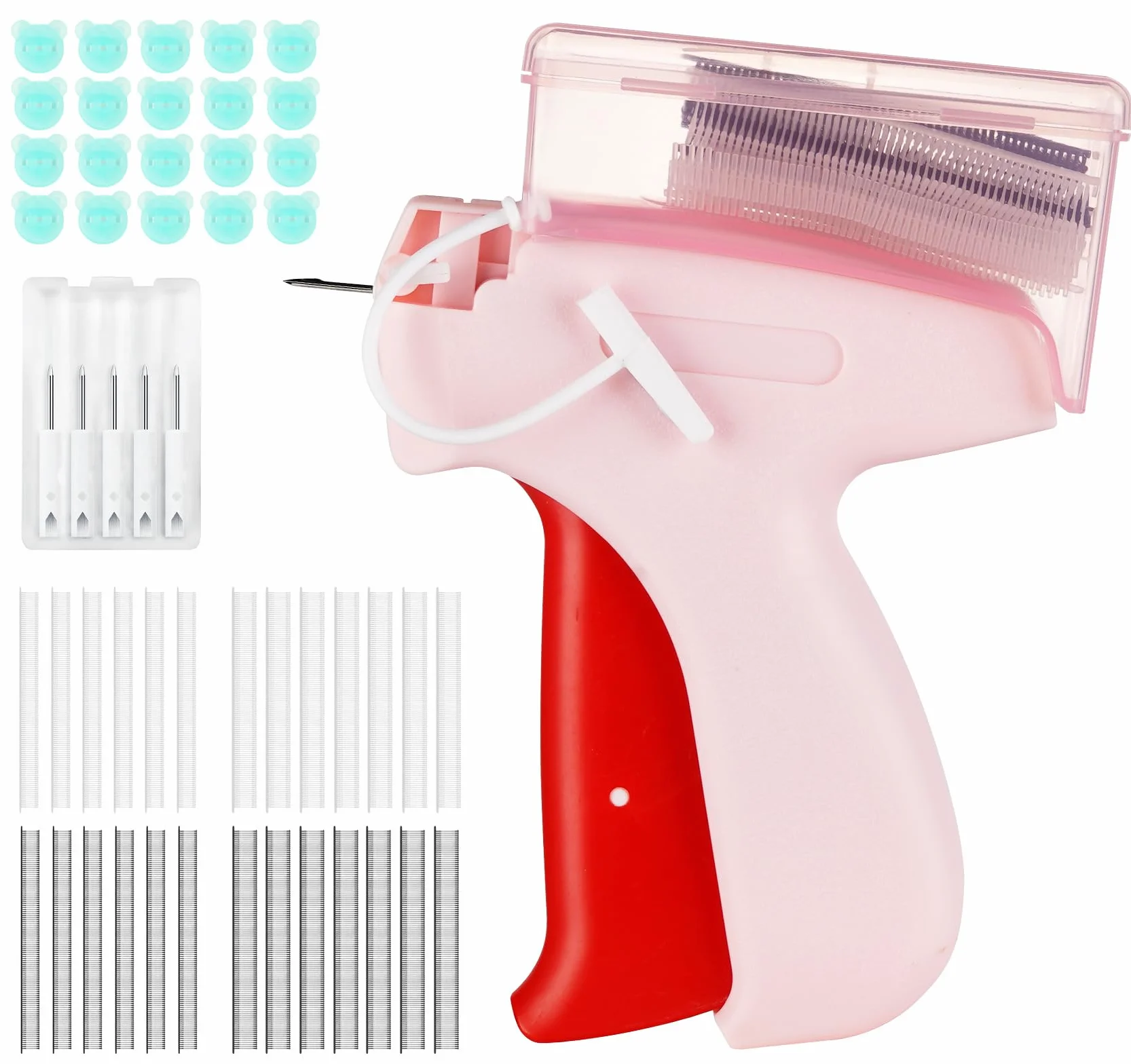 Stitchy Quick Clothing Fixer Mini Piston z 5 igłami, 3000 plastikowych igieł, różowy