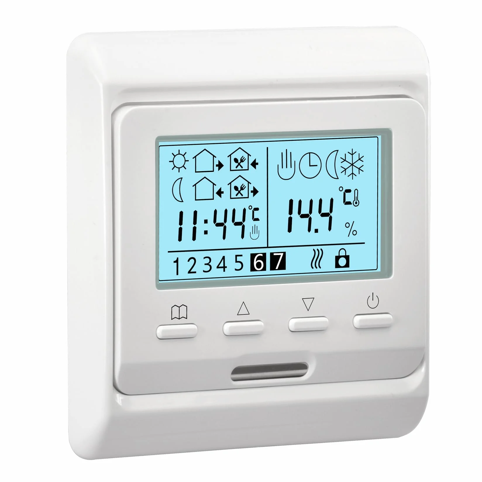 Heschen HS-E806 Programowalny termostat pokojowy do ogrzewania podłogowego, cyfrowy regulator temperatury LCD z 6-okresowym programowaniem tygodniowym, 220 V/230 V, 3 A, niepalny PC