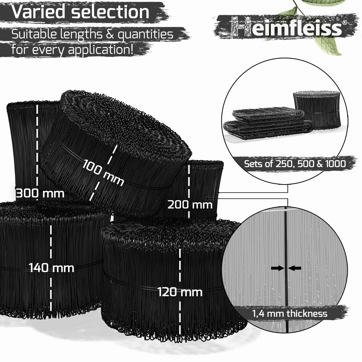 Heimfleiss® Drut rzymski zaizolowany czarny 1,4 x 100-300 mm 1000 szt. nierdzewny do wiązania betonowego z Niemiec