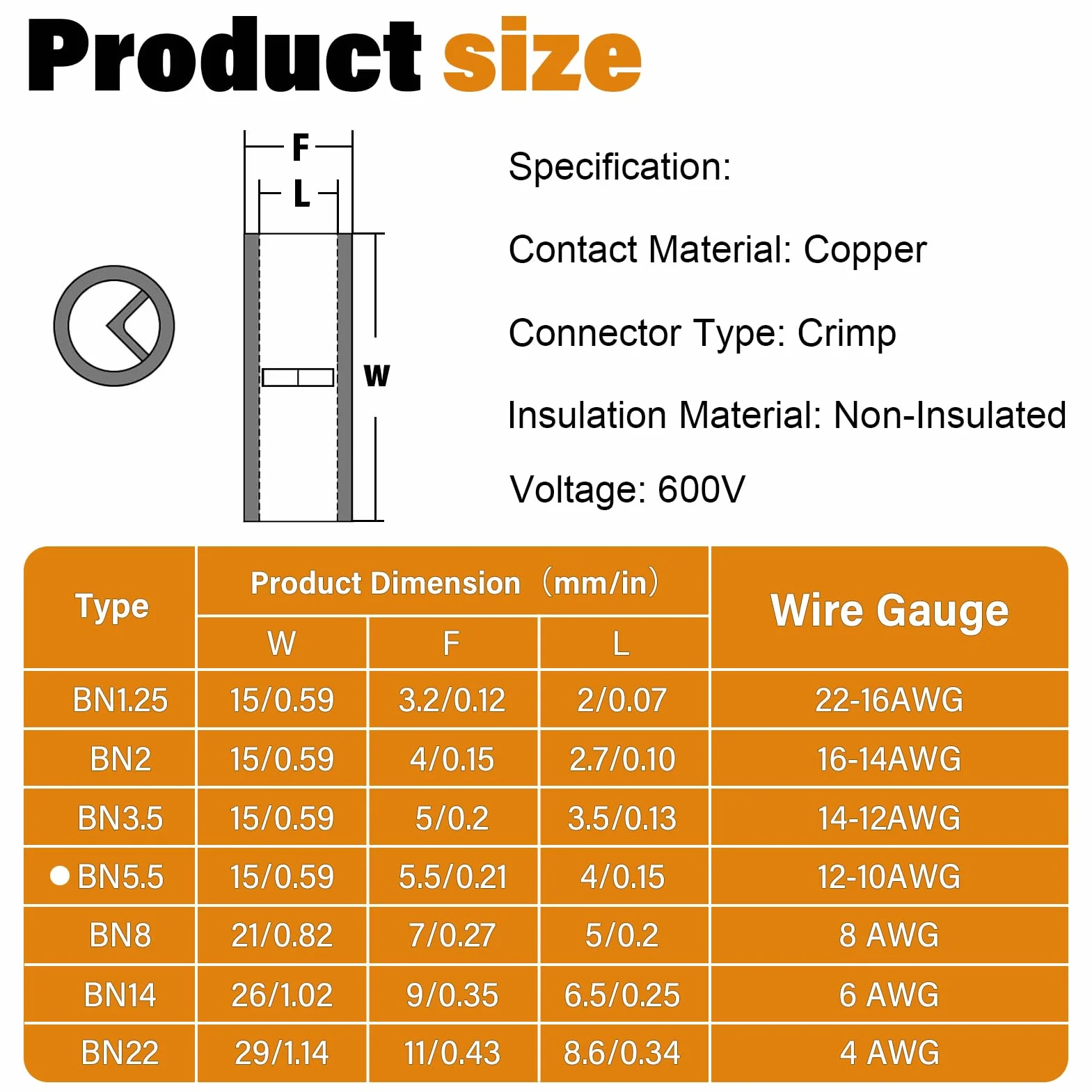 100 sztuk nieizolowanych złączy elektrycznych z rurą termokurczliwą do zaciskania zacisków elektrycznych 12-10 AWG 4-6 mm² złącze elektryczne
