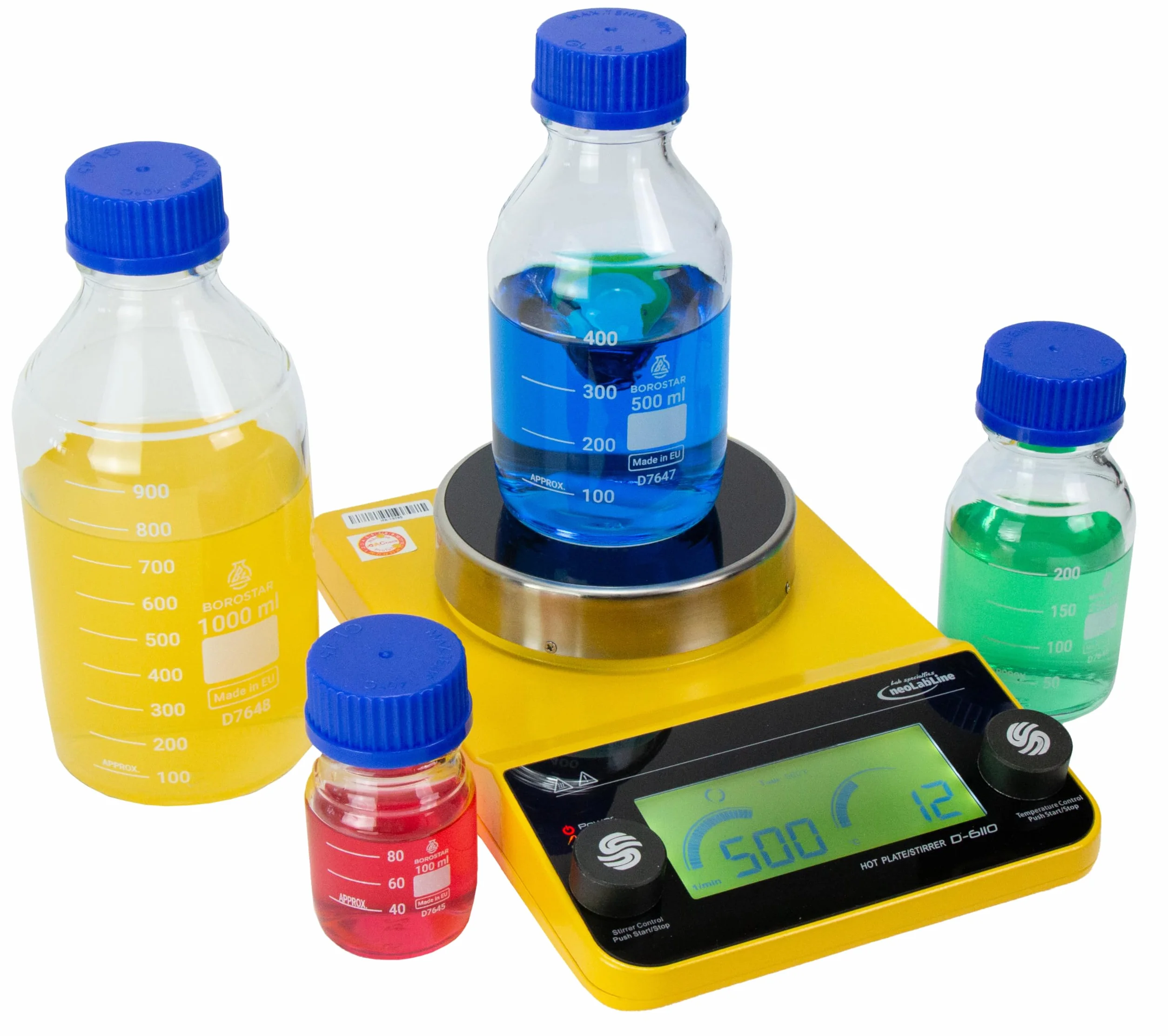 Butelka laboratoryjna (Boro 3.3), GL45, z zakrętką i pierścieniem do nalewania PP, niebieska, 100 ml