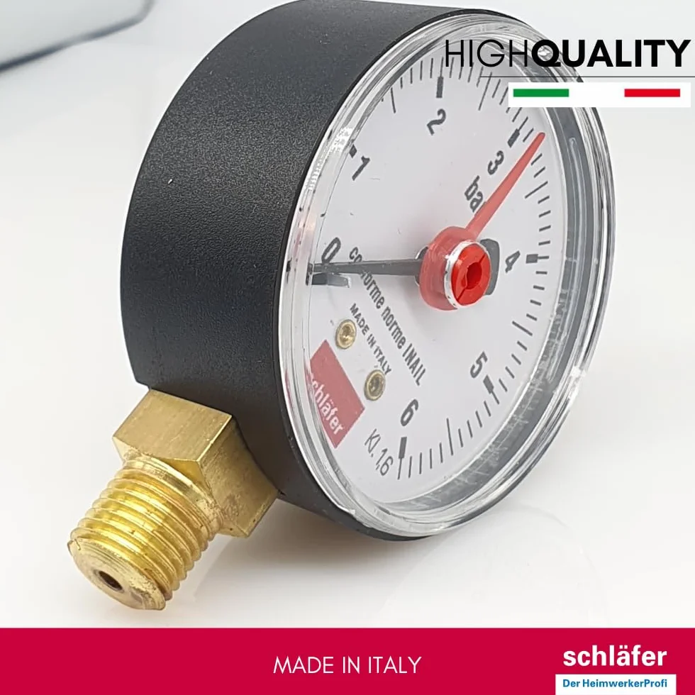 Schläfer 0930164 | 1/4" BSP pionowy manometr hydrauliczny z przyłączem promieniowym, skala 0-6 bar 63 mm do instalacji termicznych powietrza wodnego wskaźnik ciśnienia hydraulicznego