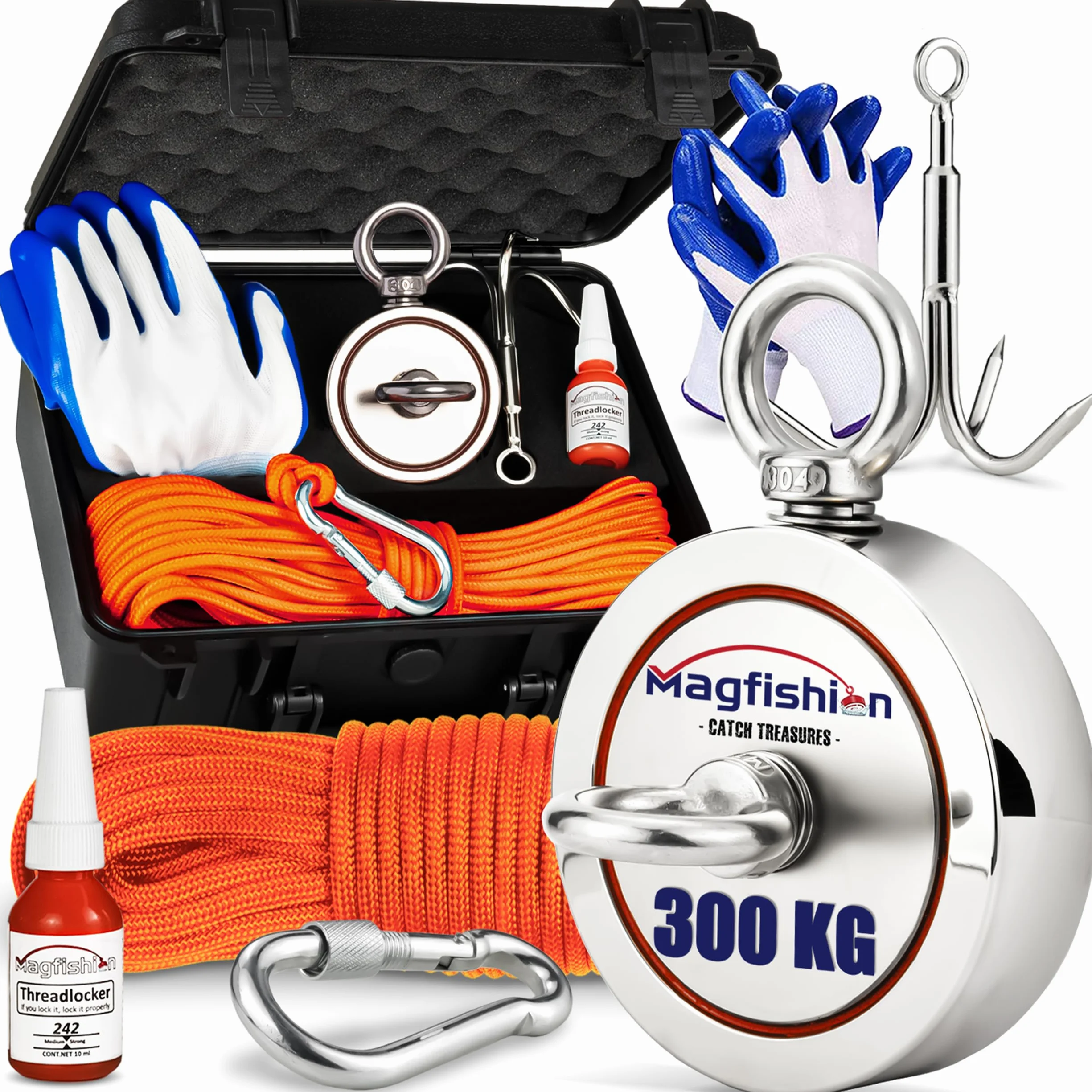 MAGFISHION Dwustronny Zestaw do Magnetycznego Wędkarstwa - Siła Przyciągania 300KG (2x 150kg) - Ø60mm - Magnes Neodymowy - Z Ciemnopomarańczową Liną (20M) & Rękawice - Magnes Ryba