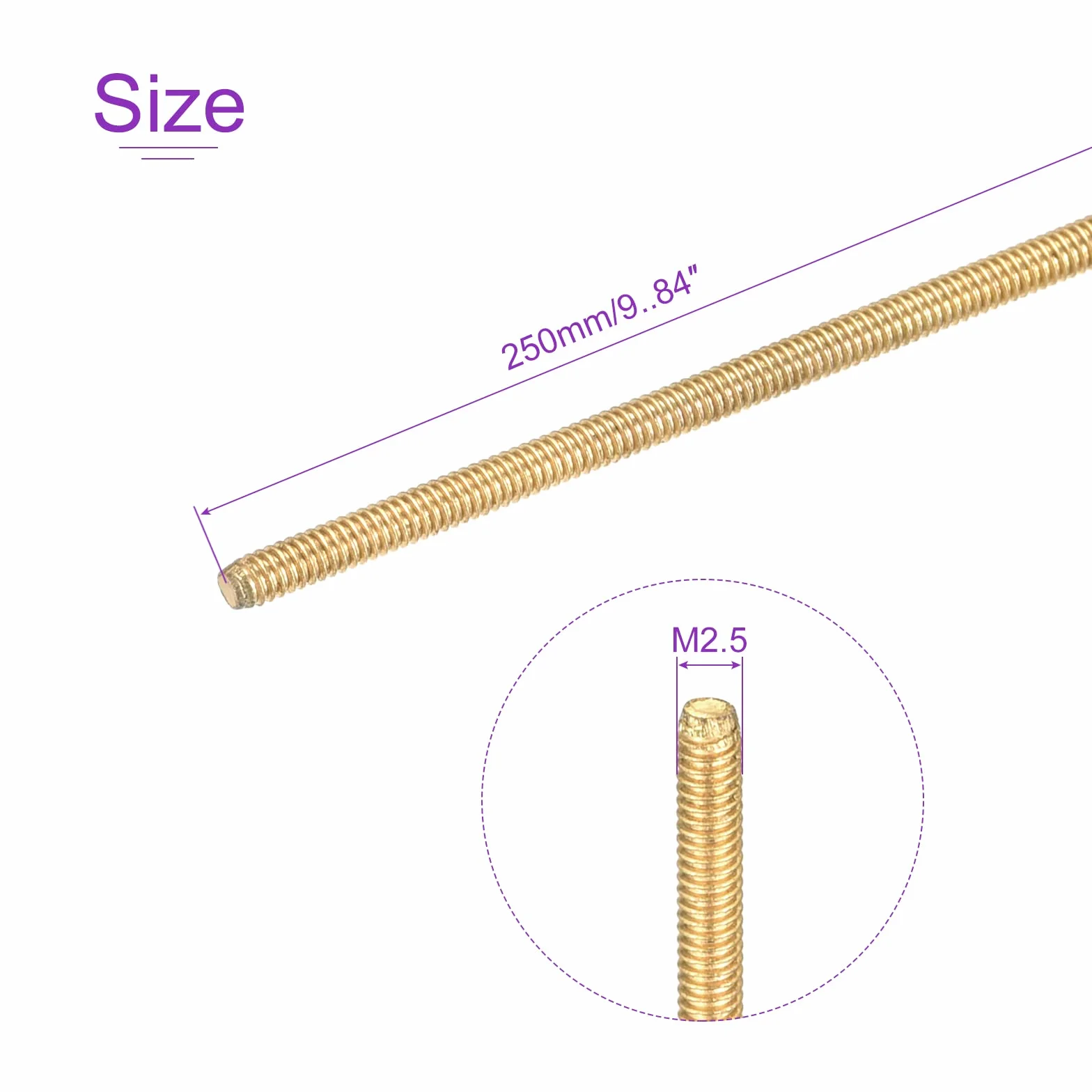 DMiotech 2 Pakiet M2.5 x 250mm W pełni gwintowany Mosiądz Rod Prawy Ręczny Gwint Pręt Pręt Śruby Śruby Złoty Tone
