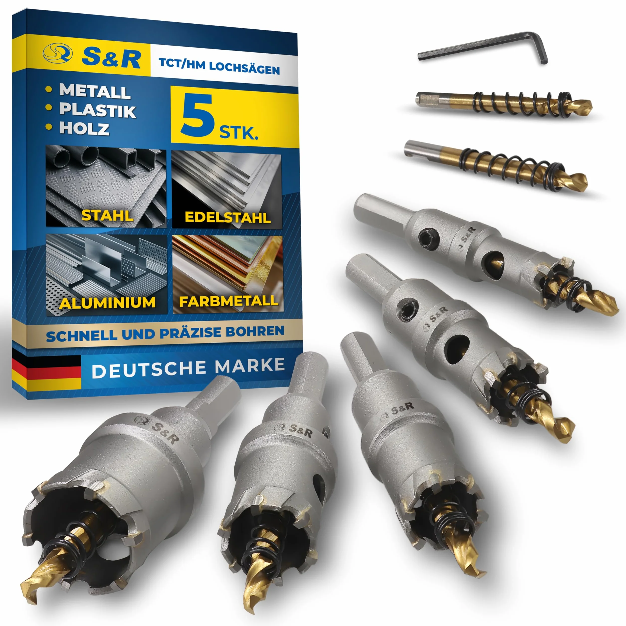 S&R Premium TCT 5-częściowy zestaw otwornic 16-30 mm, wiertło do metalu, stal nierdzewna, twarde stopy, węglik wolframu, zestaw wierteł pilotowych z powłoką tytanową, frezy do metalu