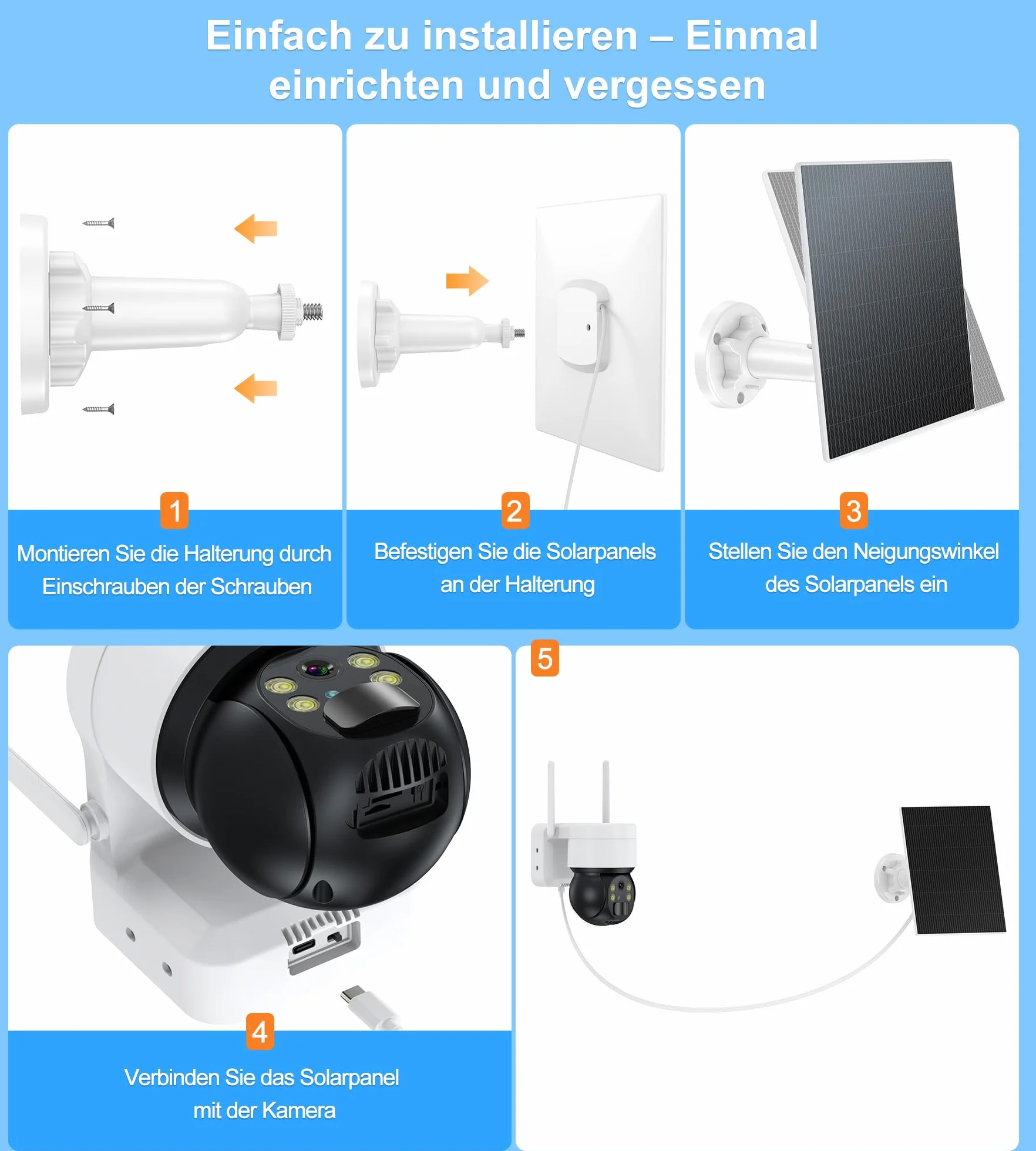 Panel słoneczny 6 W 5 V USB-C IP65 do kamery monitorującej z regulowanym uchwytem 360°