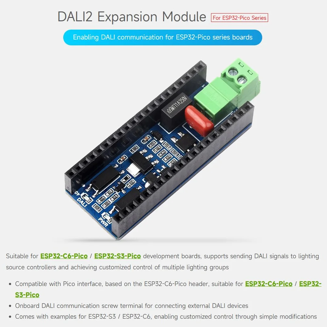 Waveshare DALI2 Expansion Module for ESP32-Pico Series Boards, Supports DALI Communication for Customized Control of Multiple Lighting Groups