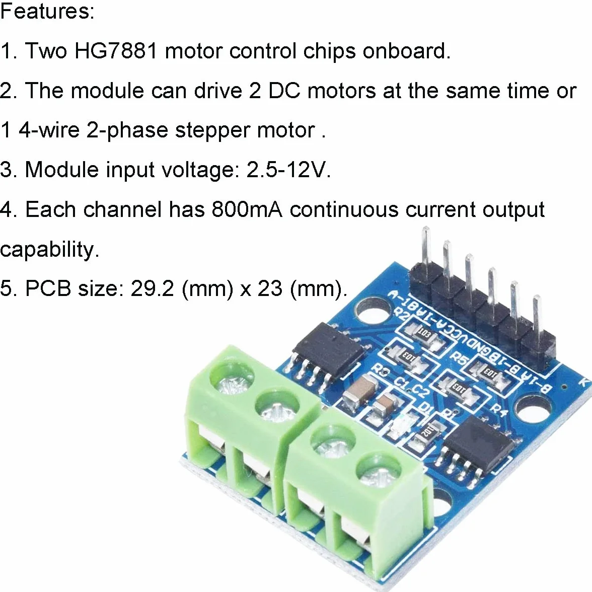 2 sztuki sterowników silnika HG7881 800 mA Dual DC sterownik Board z kablem DuPont do jednoczesnego napędu 2 silników prądu stałego lub 1 4-przewodowego 2-fazowego silnika krokowego