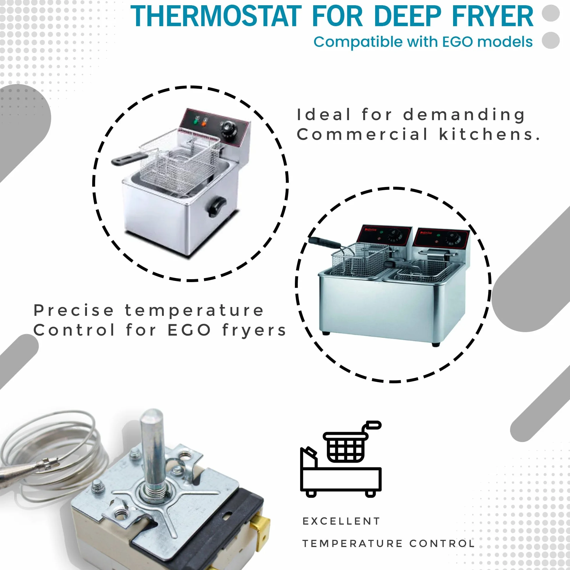 DOJA Barcelona | Termostat do frytownicy | Termostat elektryczny termiczny | Kompatybilny z EGO | 205°C | 20 Amperów | Regulator temperatury | Regulator | Wskaźnik temperatury oleju