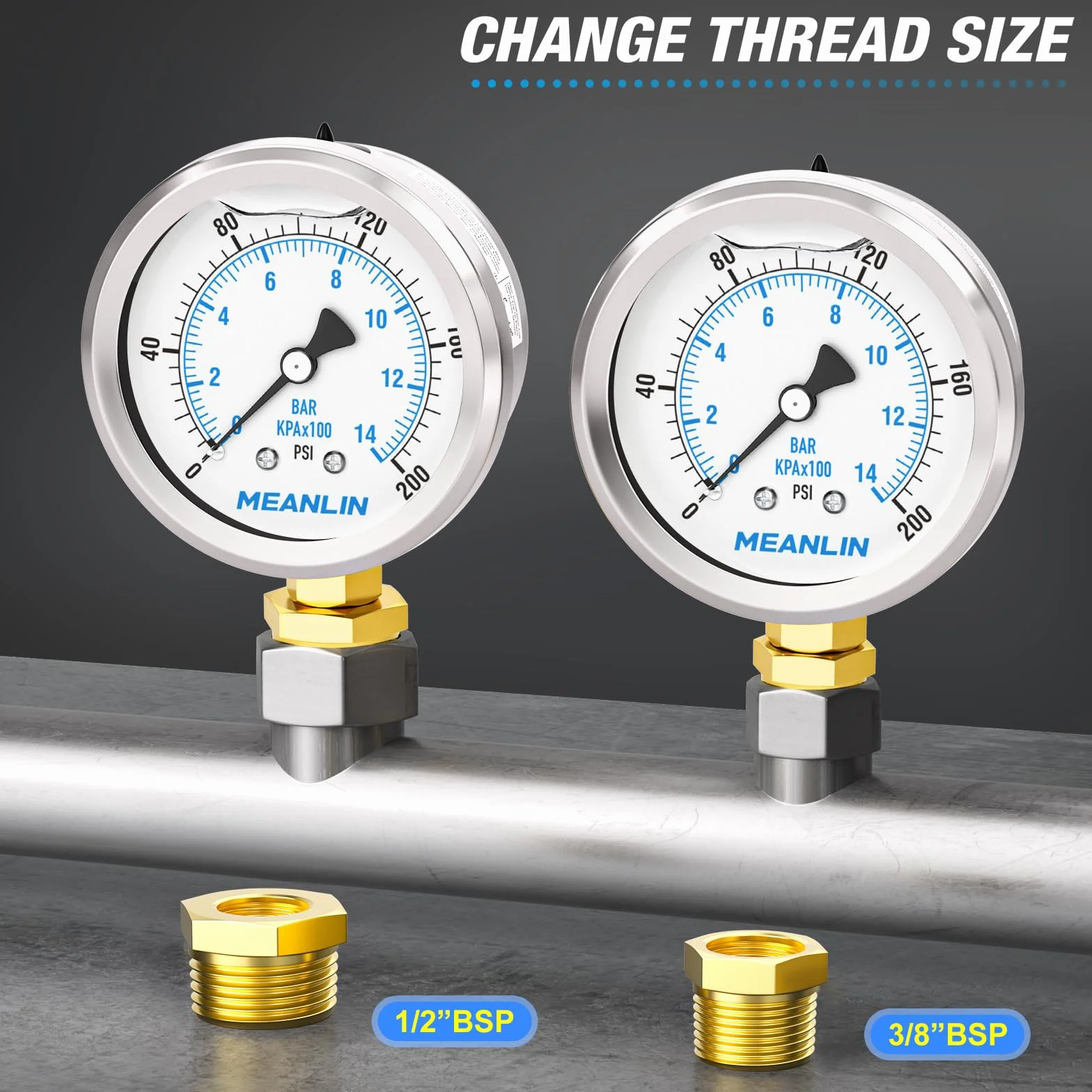 MEANLIN MEASURE manometr napełniony płynem 0-14 BAR 0-200 PSI stal nierdzewna 1/4" BSP 2,5" FACE DIAL
