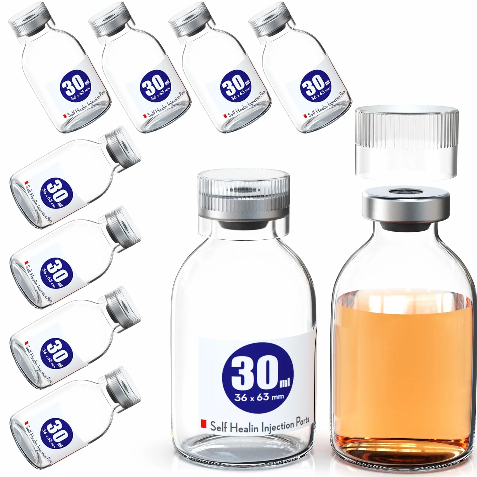 Szklana fiolka laboratoryjna 30 ml z płynem, przezroczysta, 10 szt. z plastikowym wieczkiem i gumowym korkiem