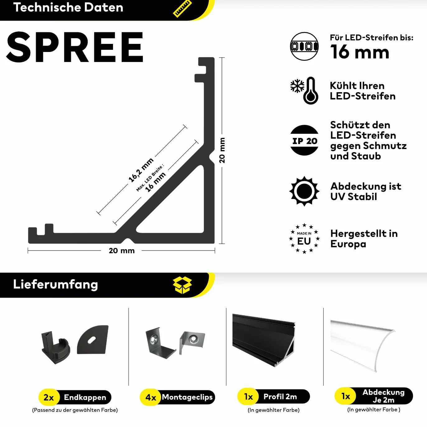 Profil aluminiowy LED czarny – 200 cm – profil narożny – półpokrywa + akcesoria w zestawie – do taśm LED 16 mm – długość 2 m – kompatybilny z Philips Hue – Spree