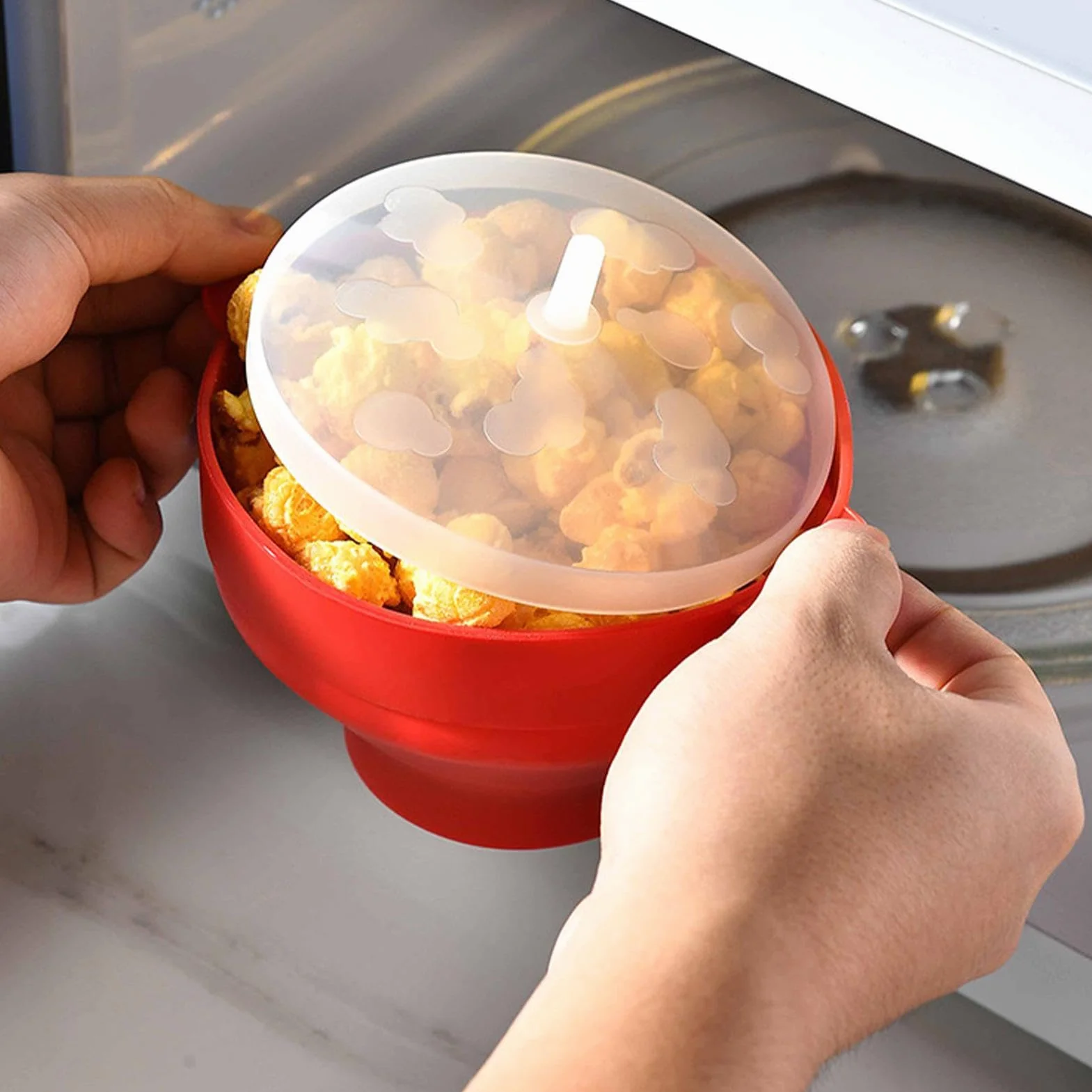 Kuchenka mikrofalowa do popcornu, sk?adana silikonowa miska popcorn klasy spo?ywczej z pokrywk?, silikonowy popcorn Popper, ?atwa do wykonania miska popcorn rodzinne wieczory filmowe i