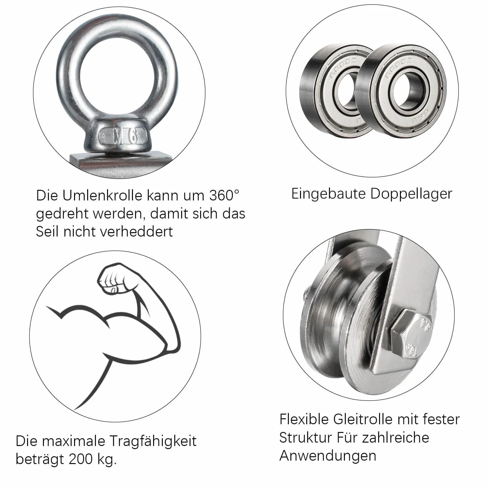 Rolka zwrotna 40 mm z 2 łożyskami kulkowymi, wciągnik do fitnessu z klipsem, kółka zwrotne do lin 8 mm, linka stalowa, nośność 200 kg, 2 sztuki